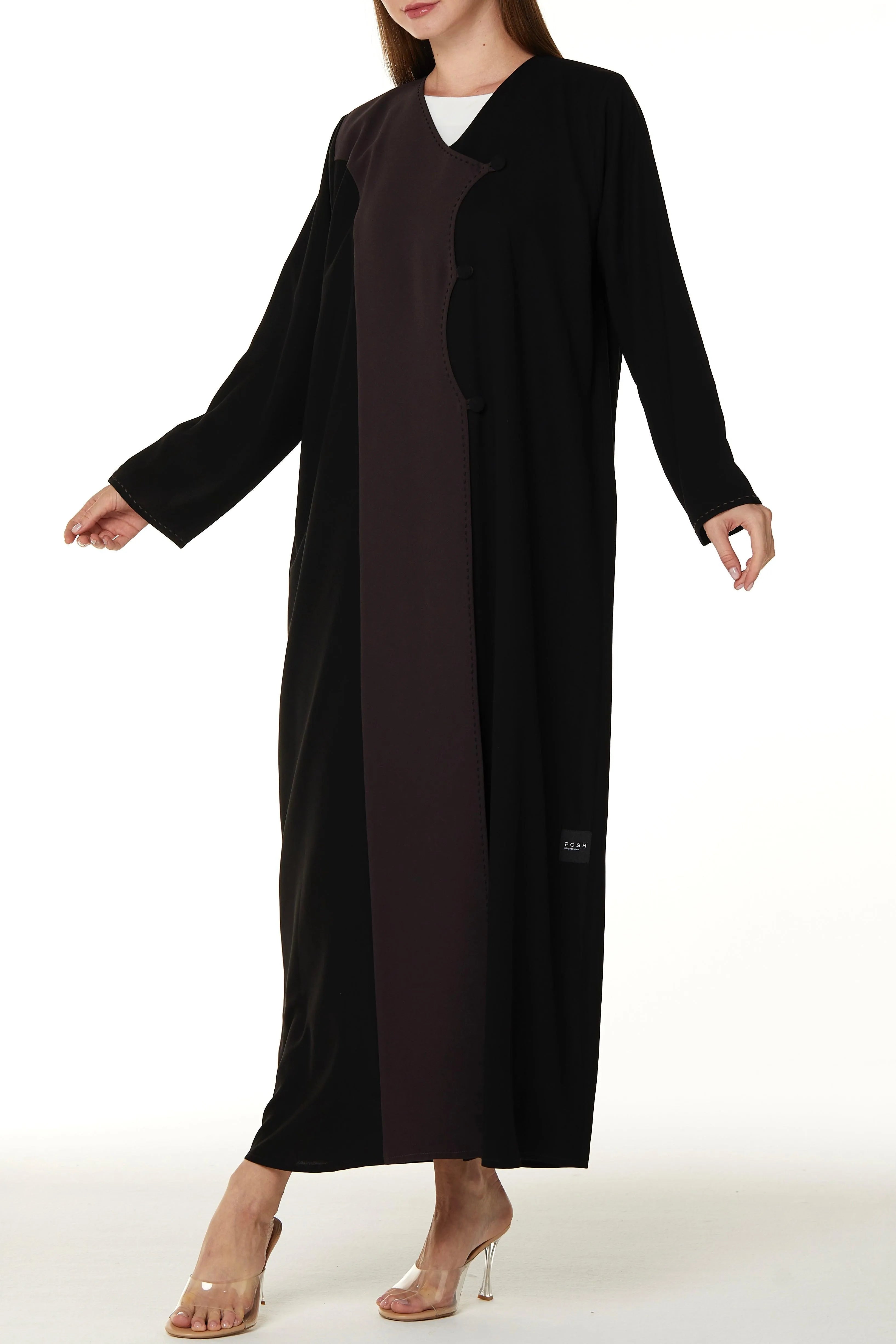 Black Nova Crepe Overlap Abaya with Colored Panel and Highlight Stitch Detail - Posh Abaya