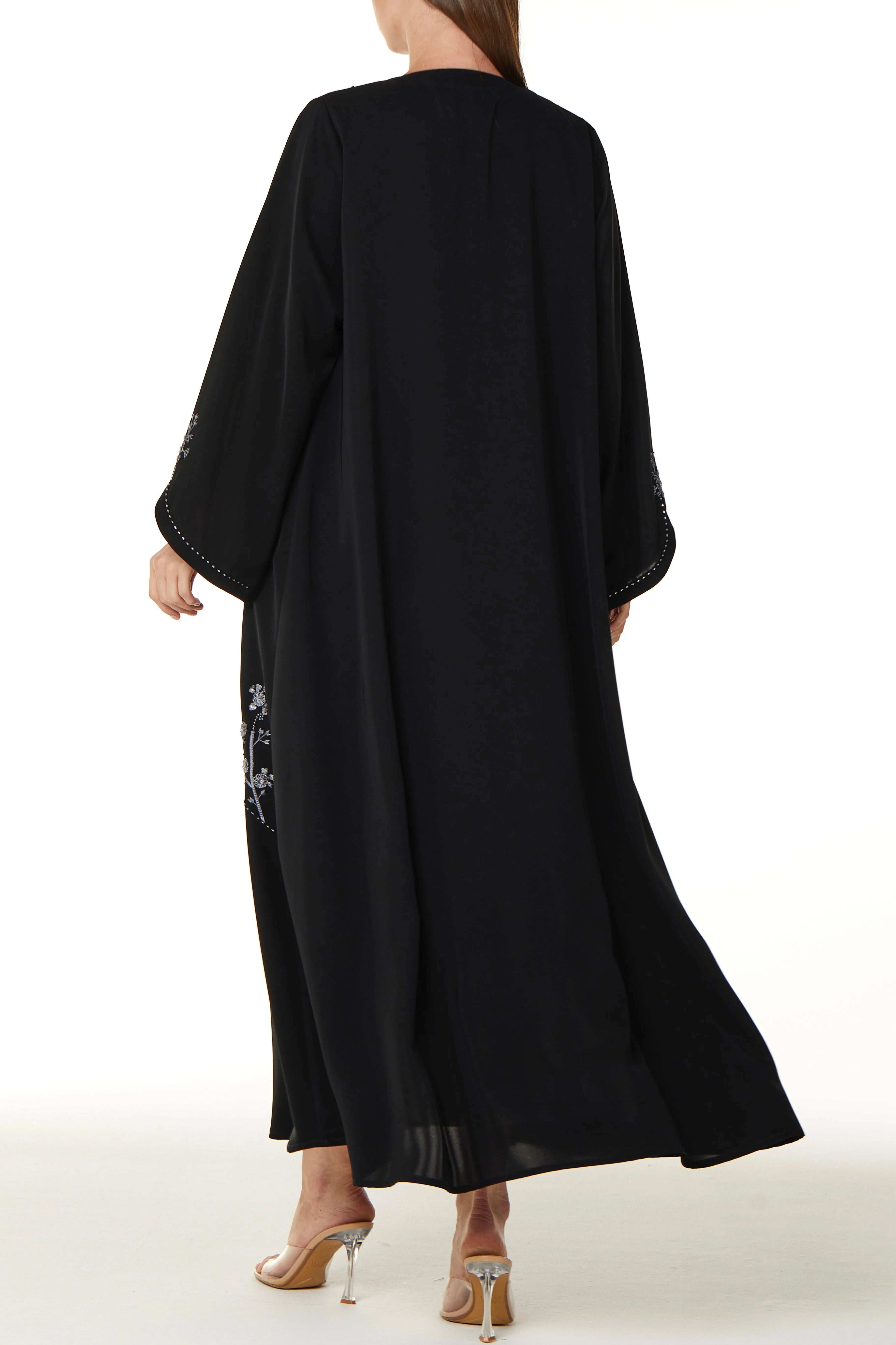 Black Royal Nada Abaya with Front Beaded Cuts and Floral Beadwork Detail - Posh Abaya