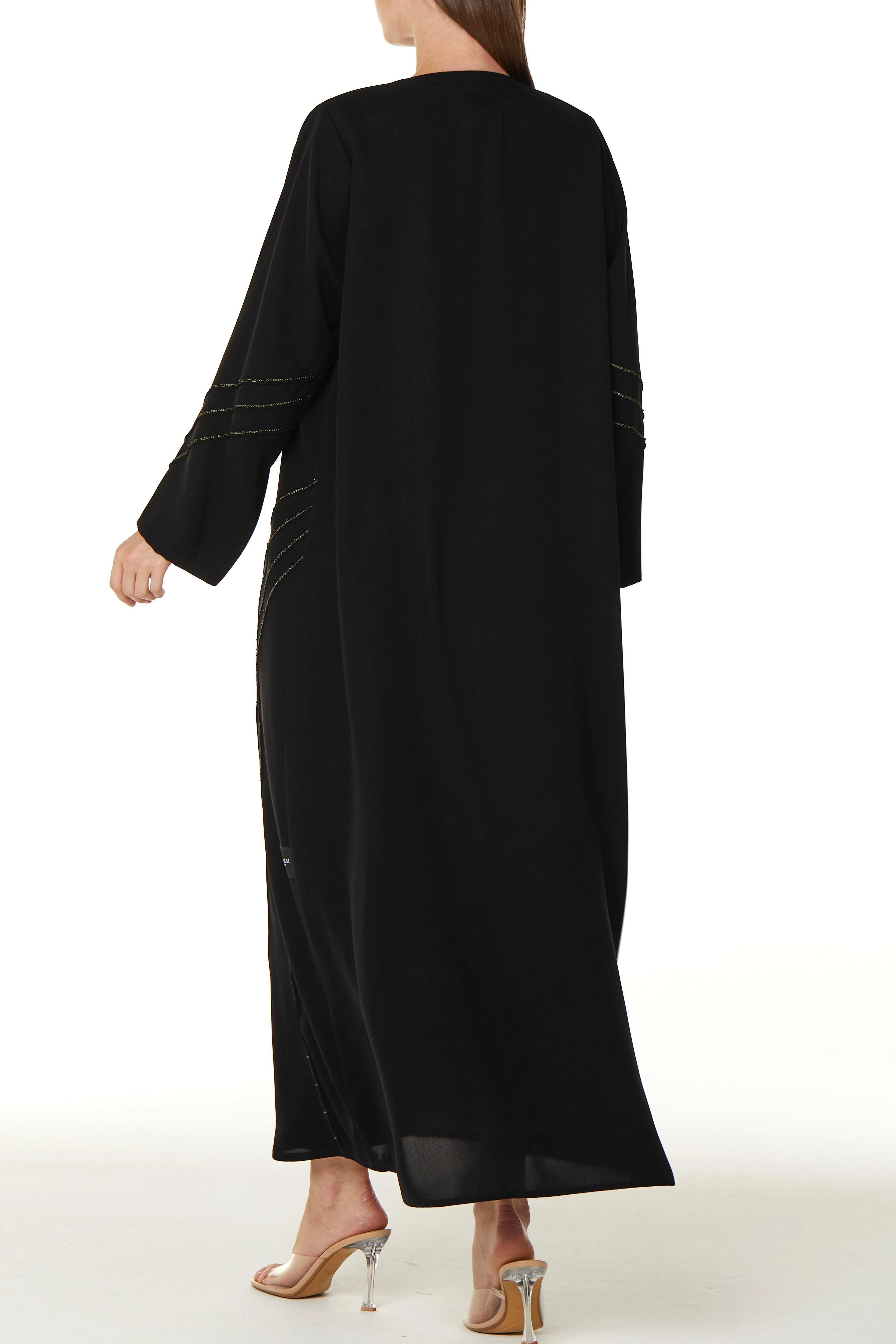 Black Farasha Crepe Abaya with Abstract Line Threadwork - Posh Abaya