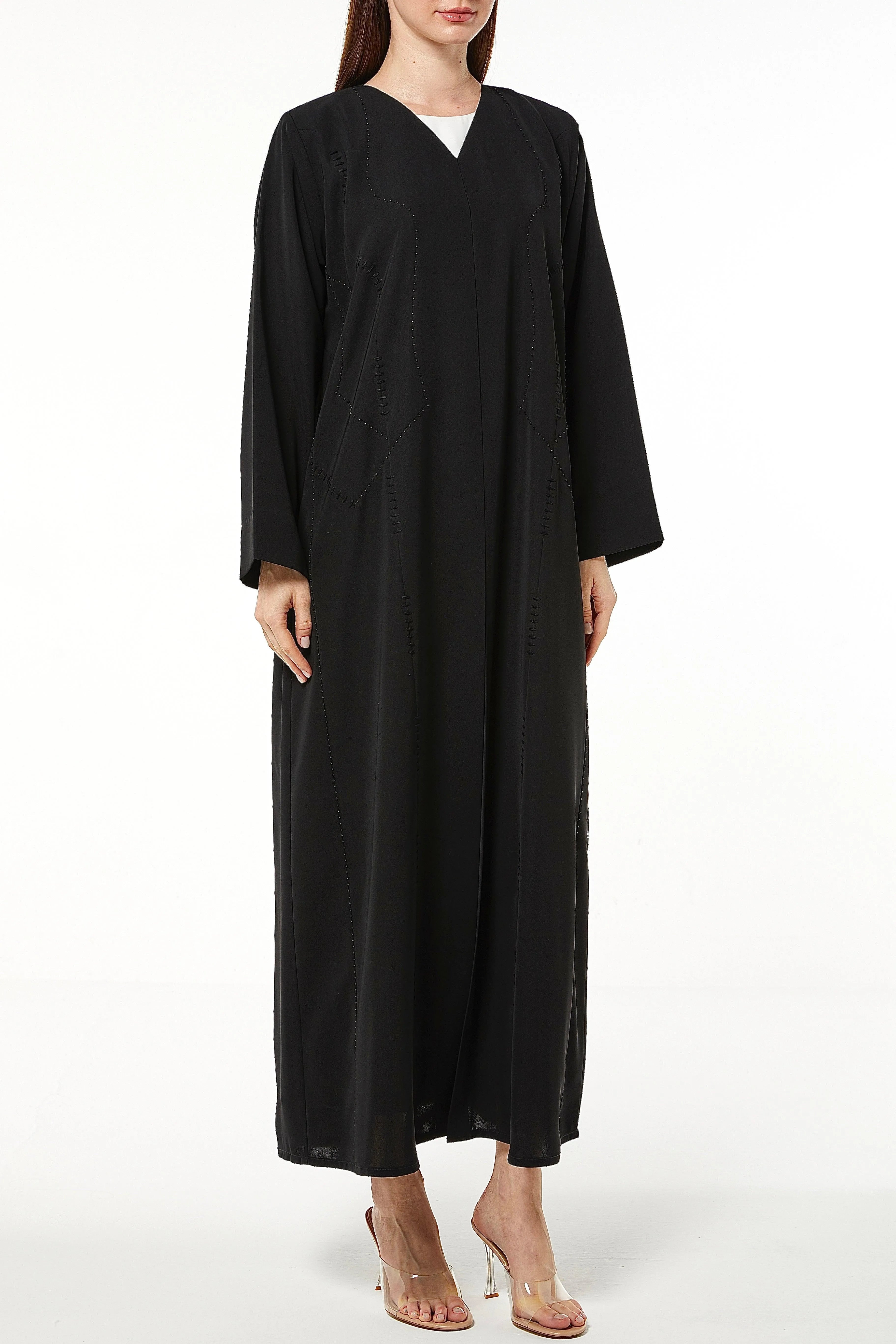 Black Tokyo Crepe Abaya with Front Threadwork - Posh Abaya