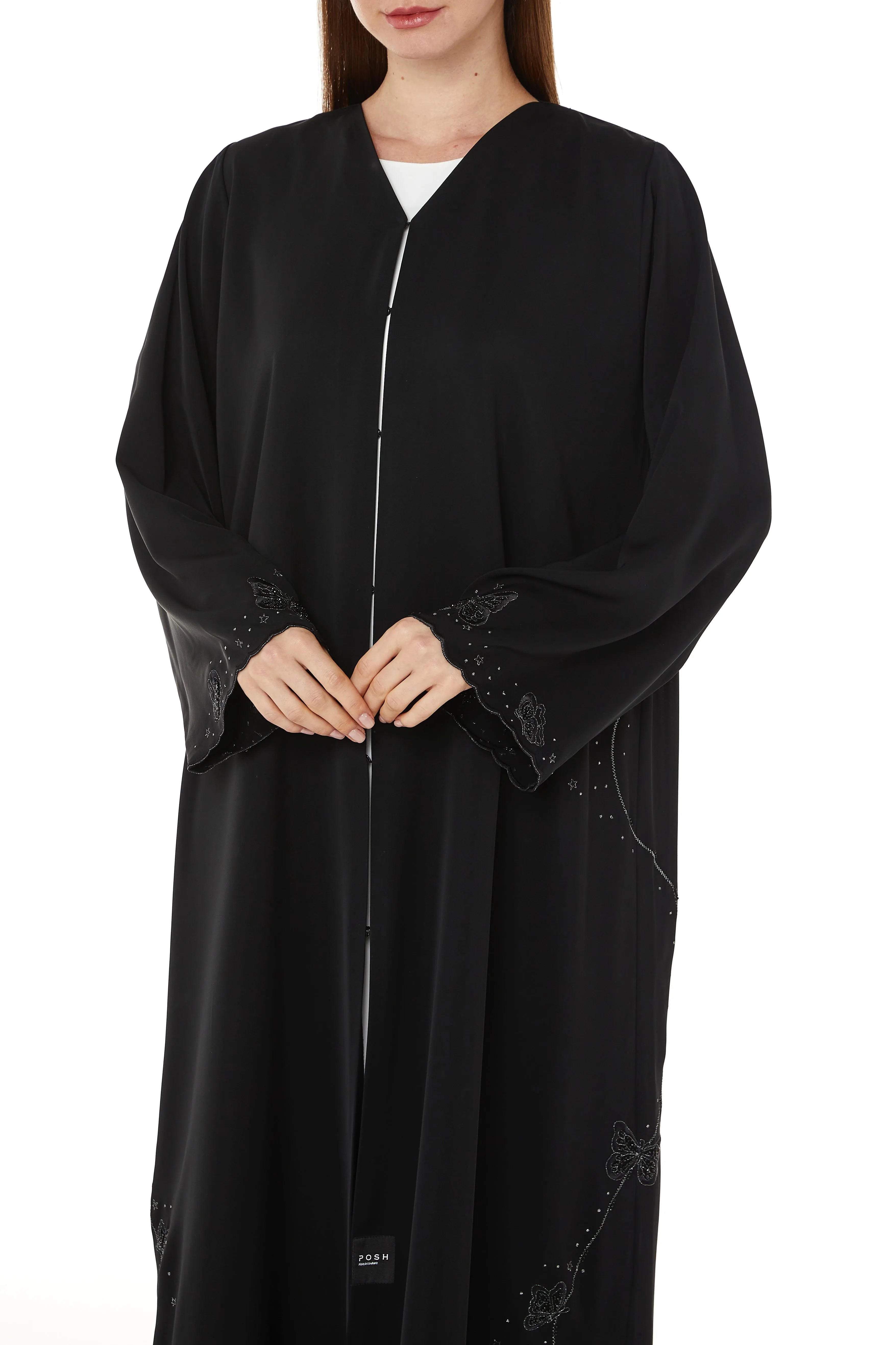 Black Salmi Nada Abaya with Flared Sleeves and Butterfly Embroidery - Posh Abaya