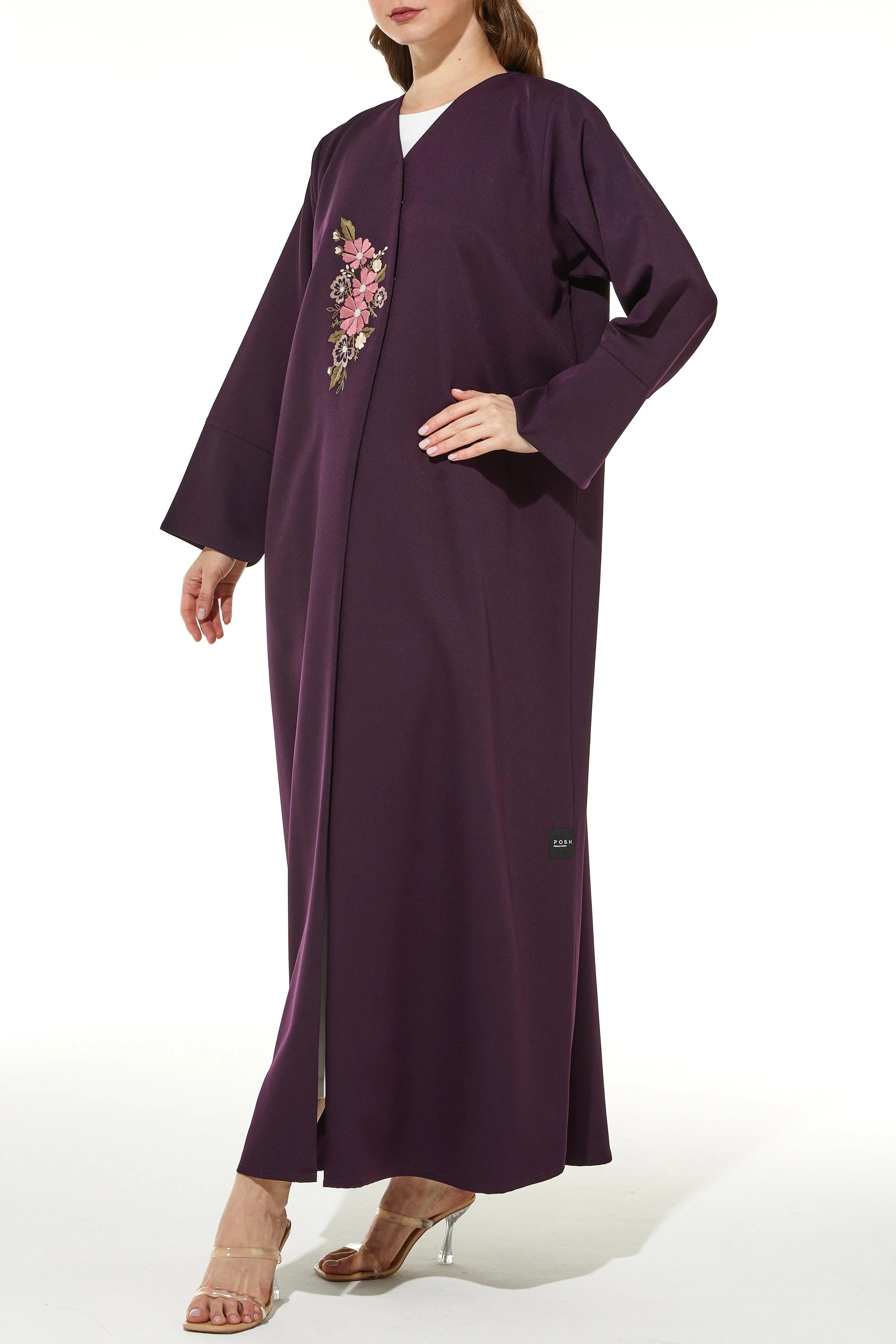 Purple Rochester Crepe Abaya with Handcrafted Embroidery Overlap - Posh Abaya