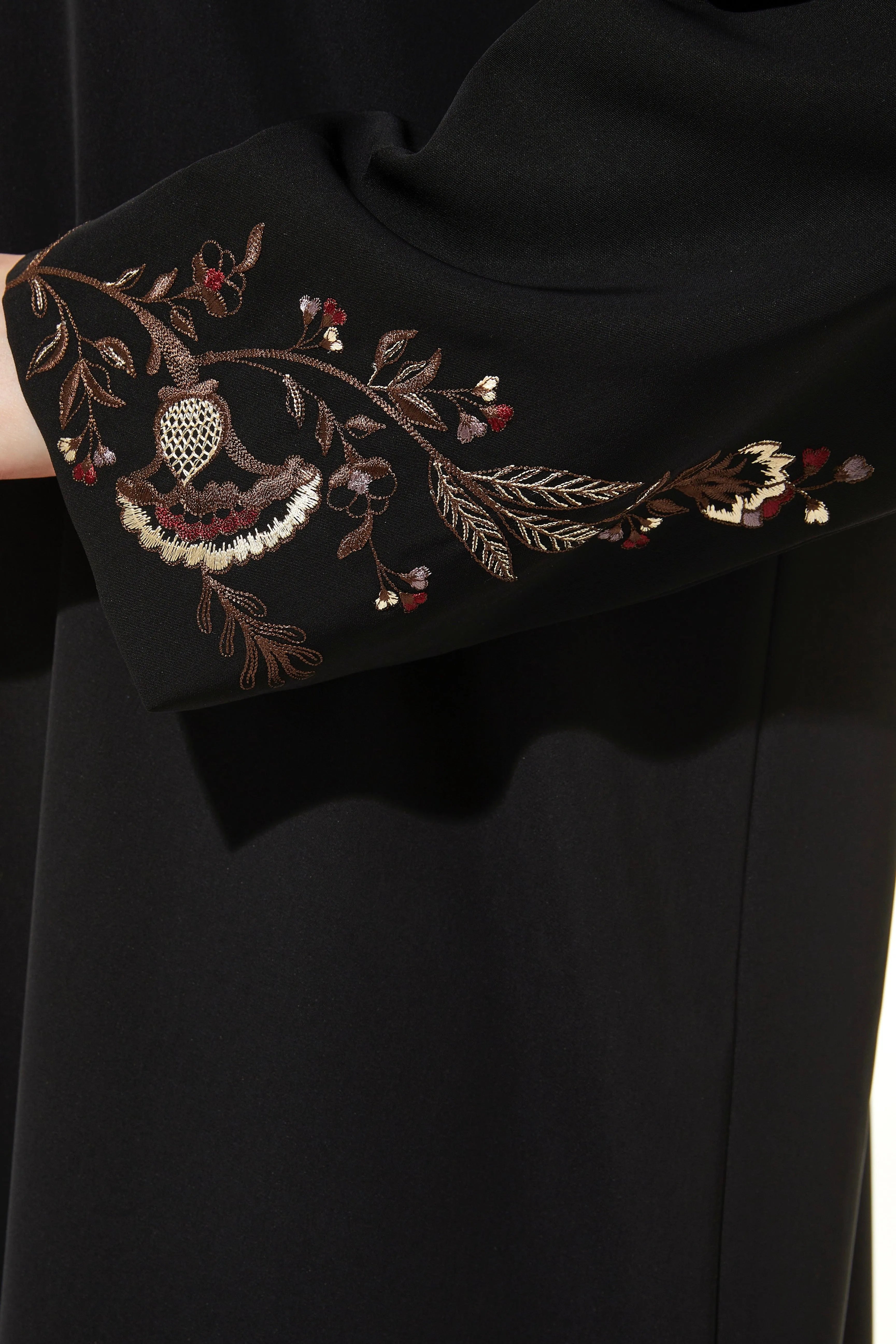 Black Iris Crepe Abaya with Sleeves Floral Embroidery - Posh Abaya