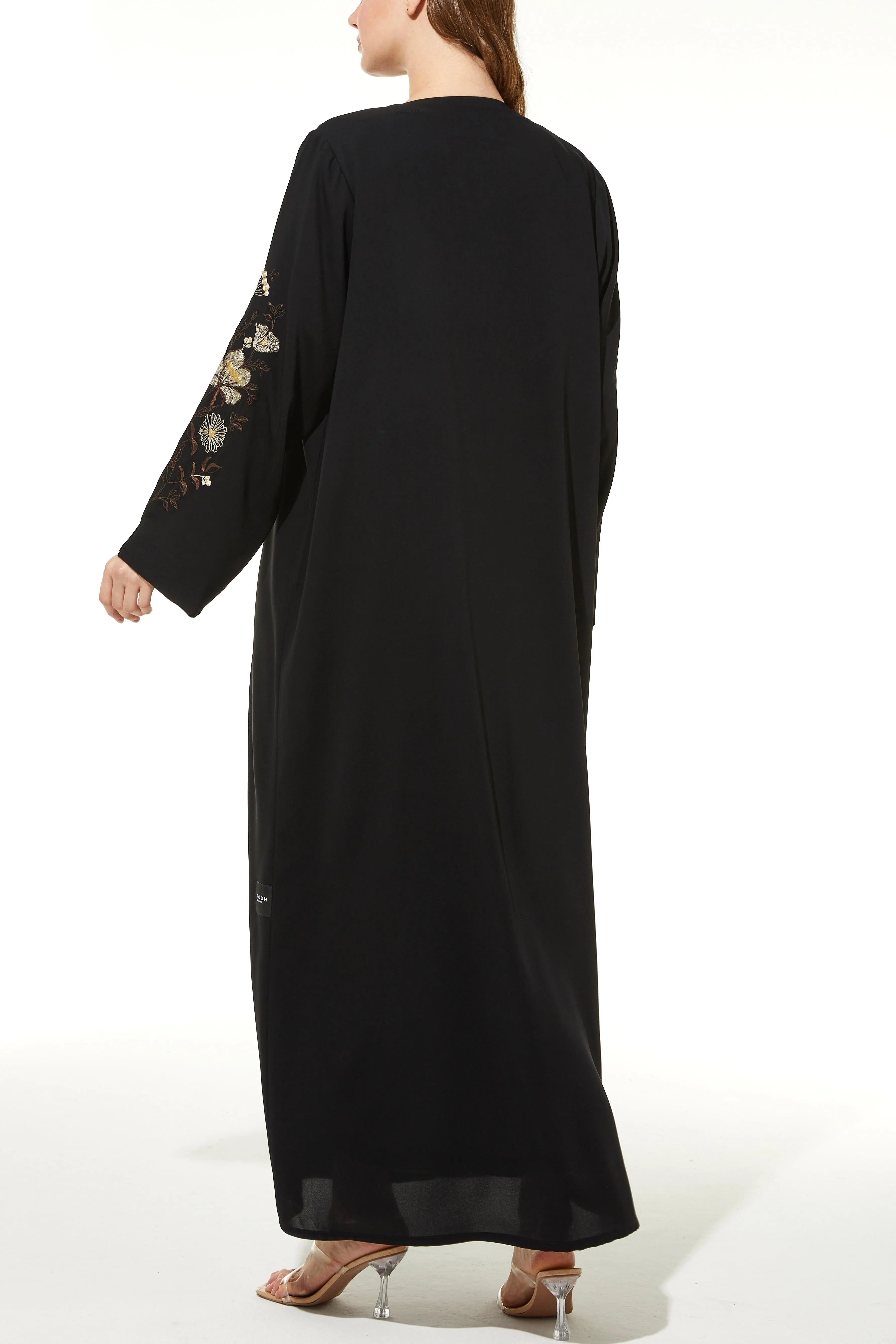 Black Layan Crepe Abaya with Sleeves Blossom Embroidery - Posh Abaya