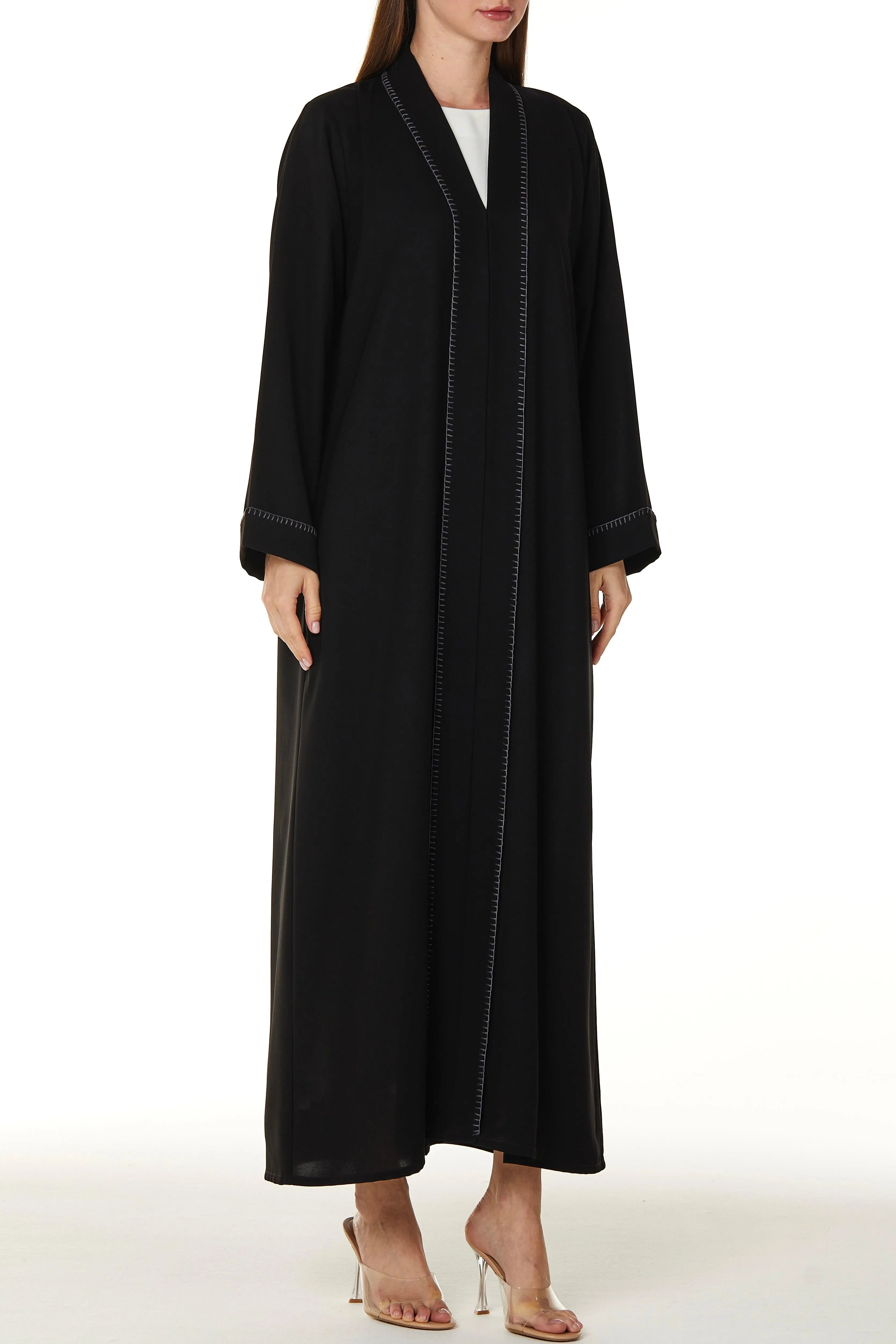 Black Nova Crepe Abaya with Front Stitch Collar - Posh Abaya