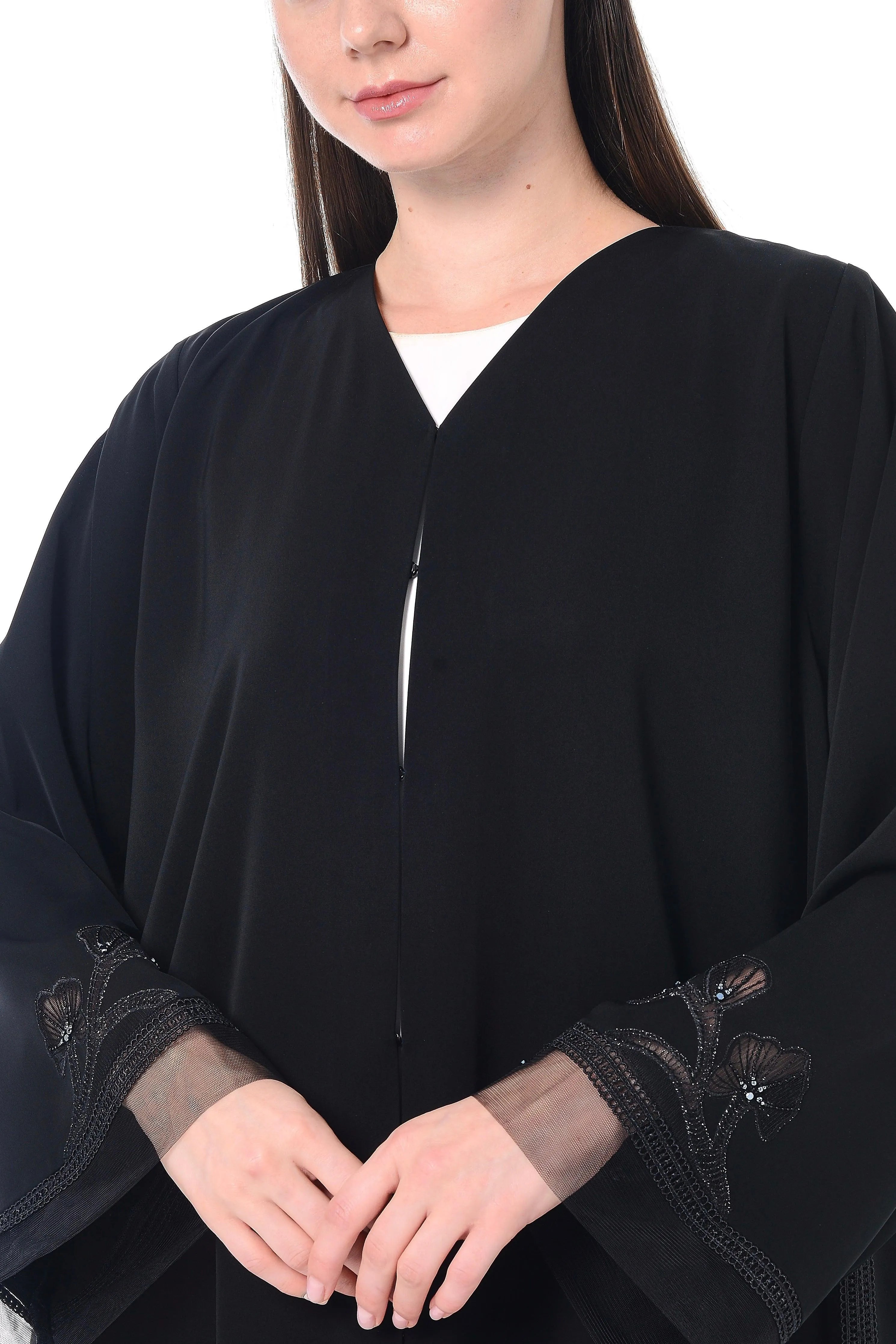 Black Royal Nada Abaya with Floral Lacework Detail - Posh Abaya