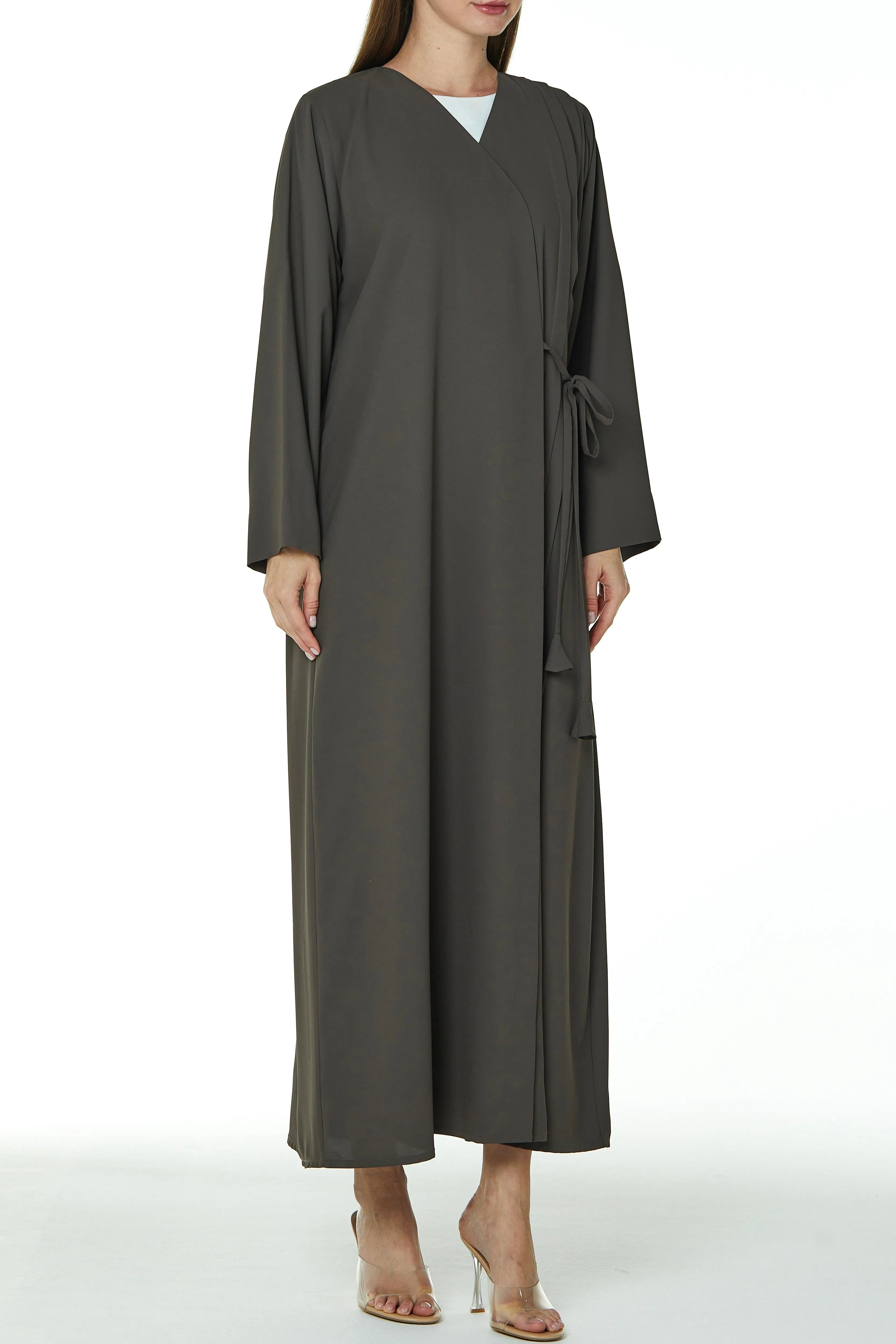 Green Cool Crepe Overlap Abaya with Front Tie-up with Pleats - Posh Abaya