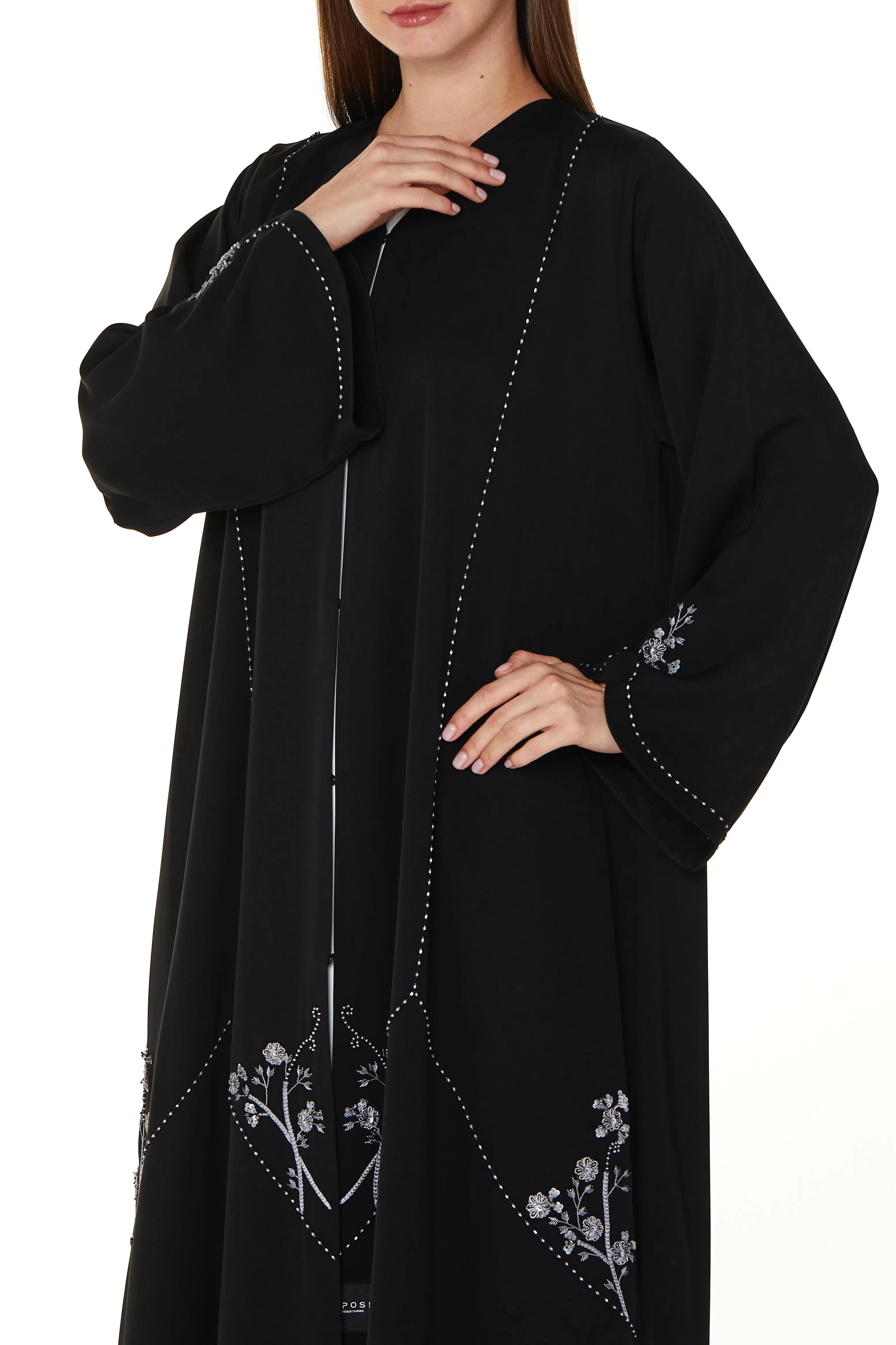 Black Royal Nada Abaya with Front Beaded Cuts and Floral Beadwork Detail - Posh Abaya