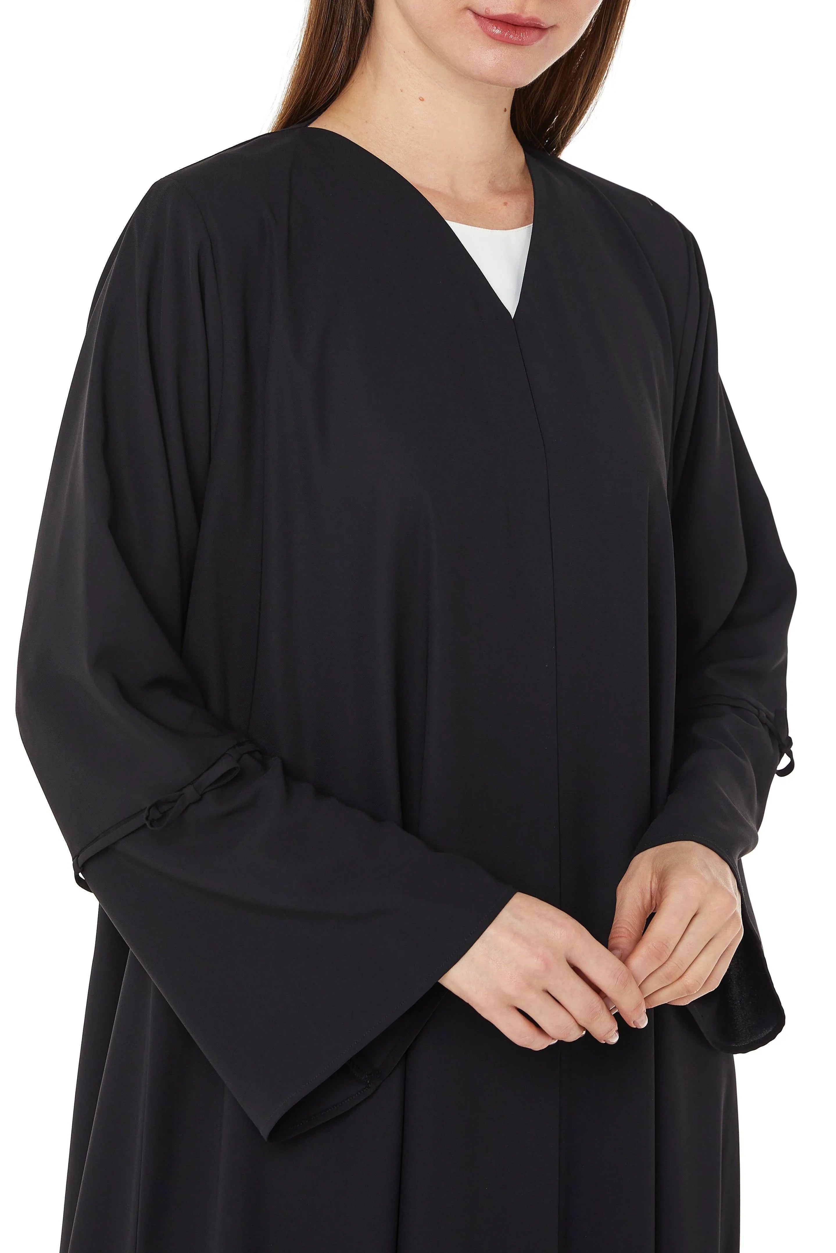 Black Cool Crepe Abaya with Miniature Bow Ties on Sleeves - Posh Abaya