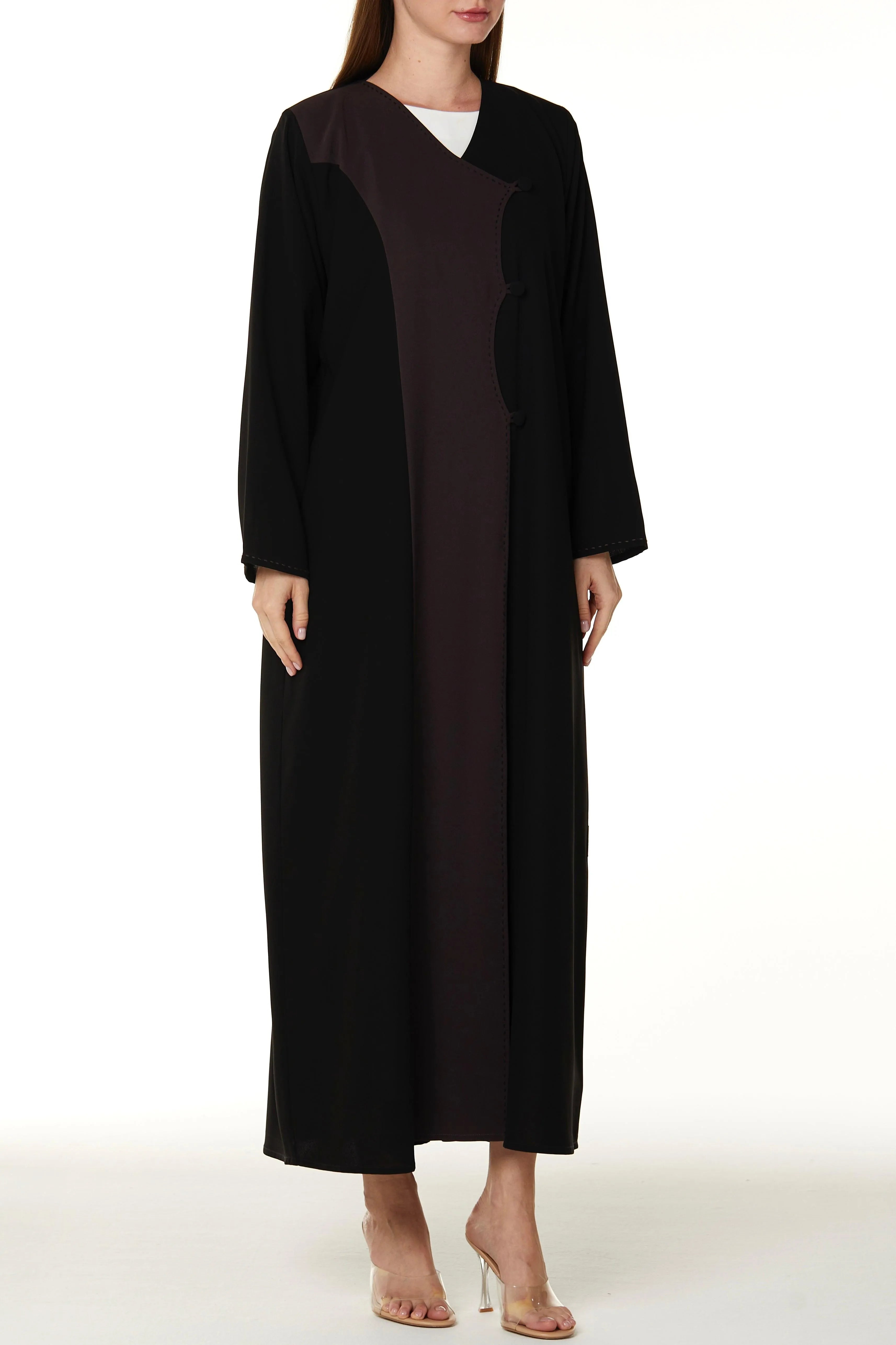 Black Nova Crepe Overlap Abaya with Colored Panel and Highlight Stitch Detail - Posh Abaya