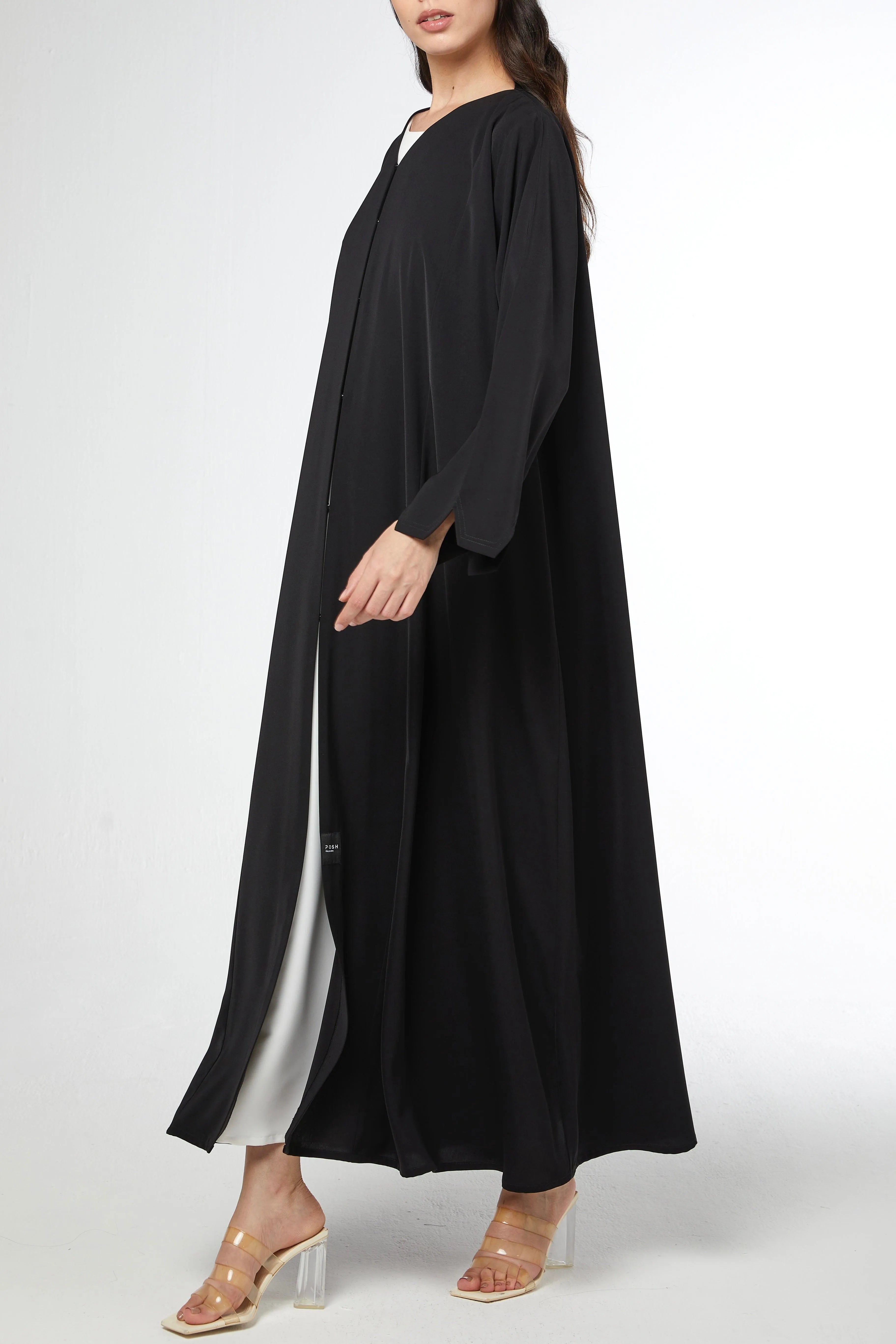 Black Tiana Crepe Abaya with Front and Sleeve Cuts - Posh Abaya