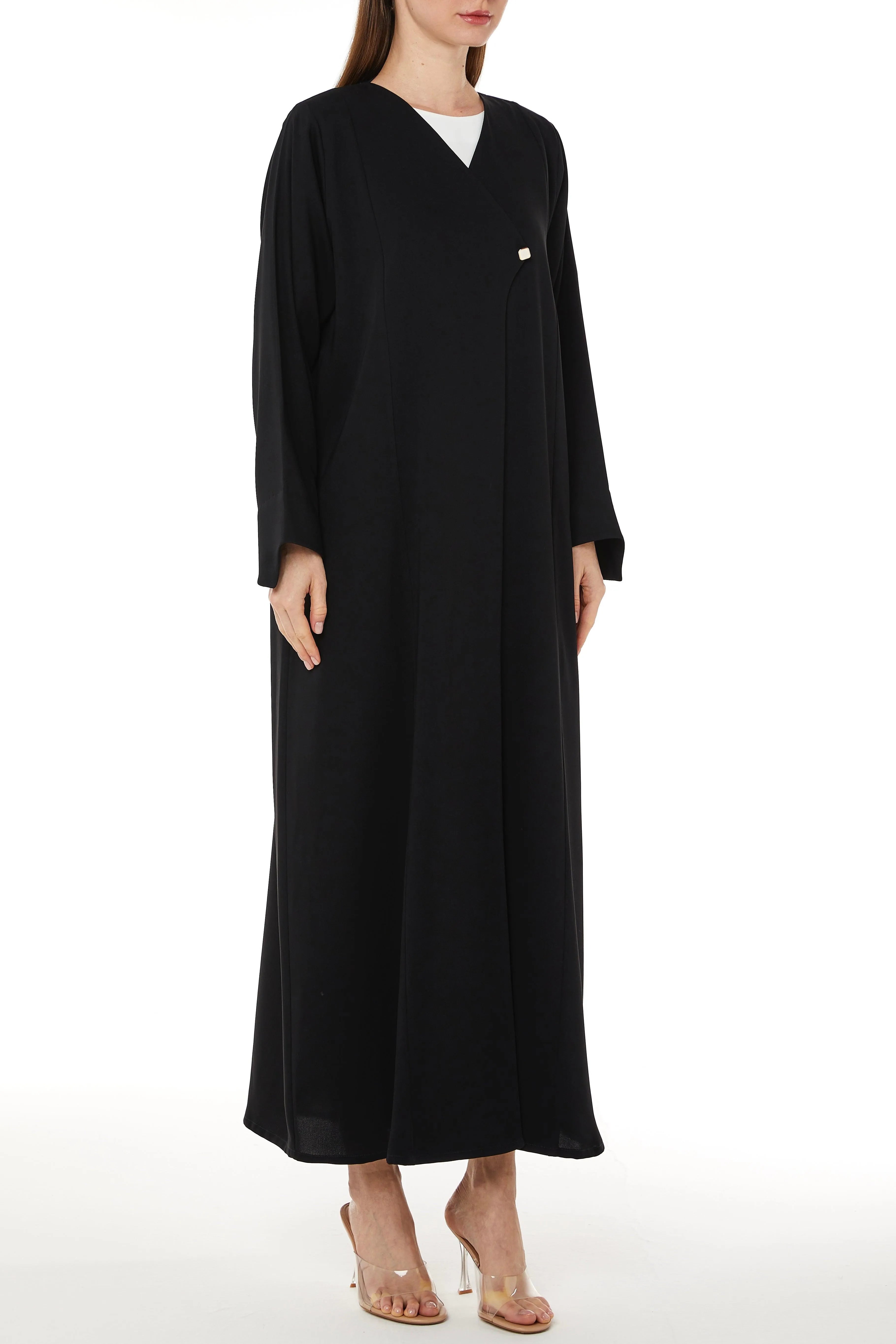Black Layan Crepe Abaya with Overlap Front - Posh Abaya