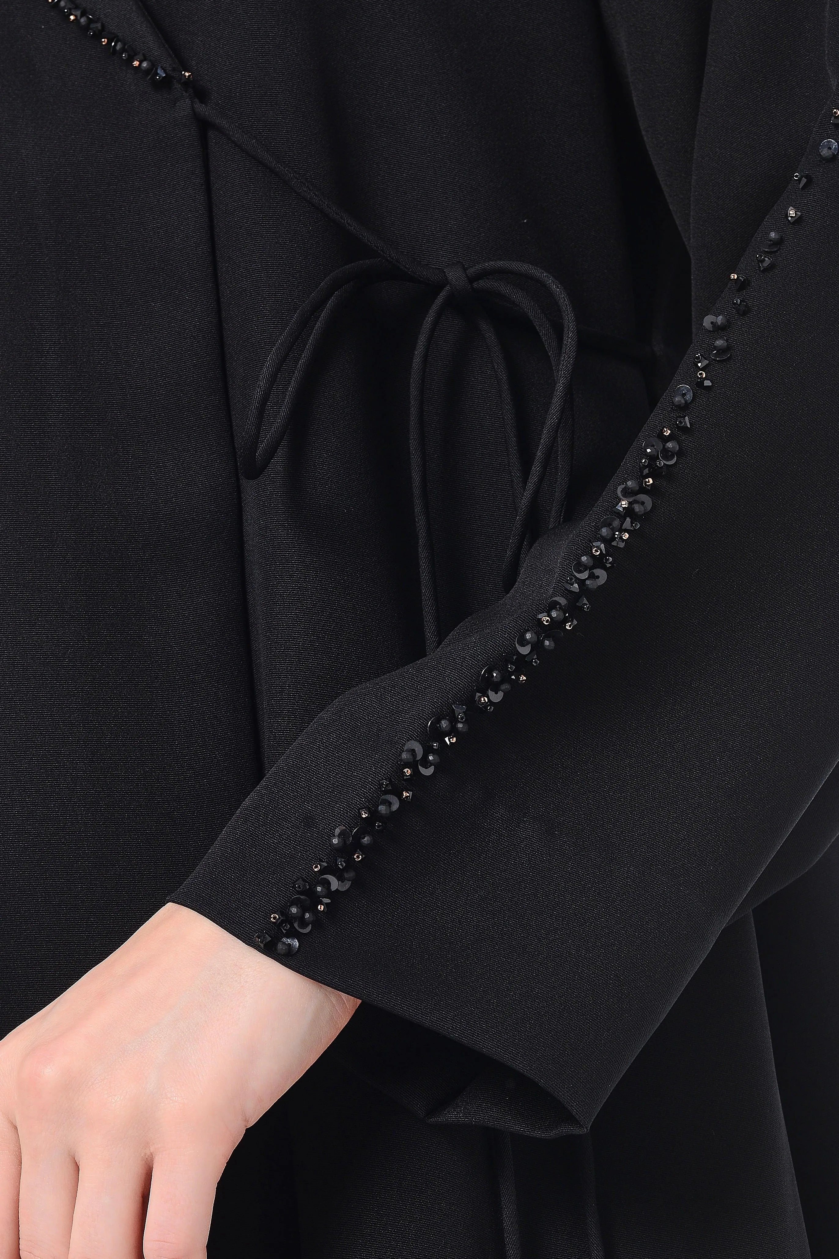 Black Emarati Crepe Abaya with Front Overlap and Beadwork Details - Posh Abaya