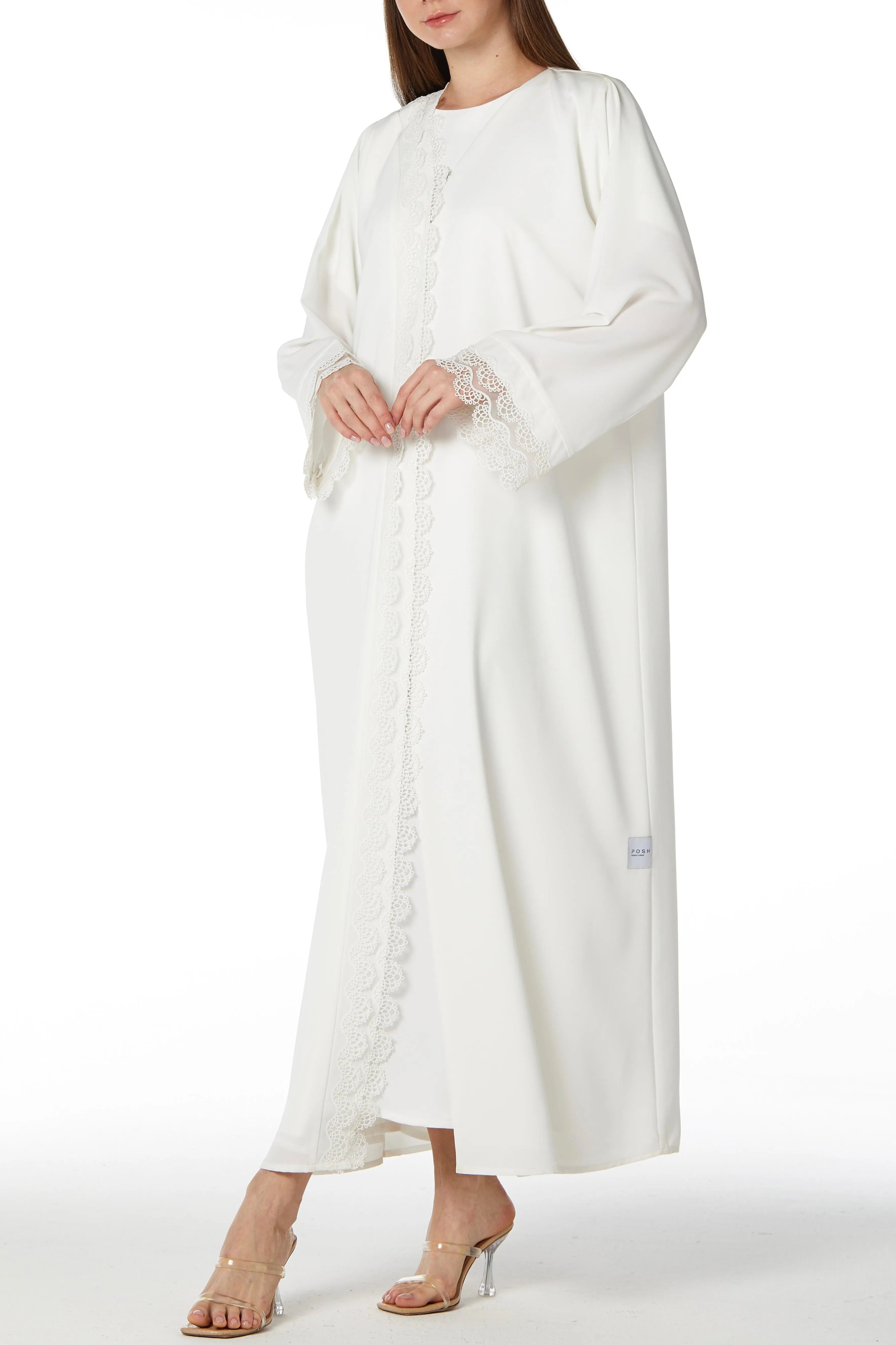Overlap & Lace Soft Crepe White Abaya - Posh Abaya