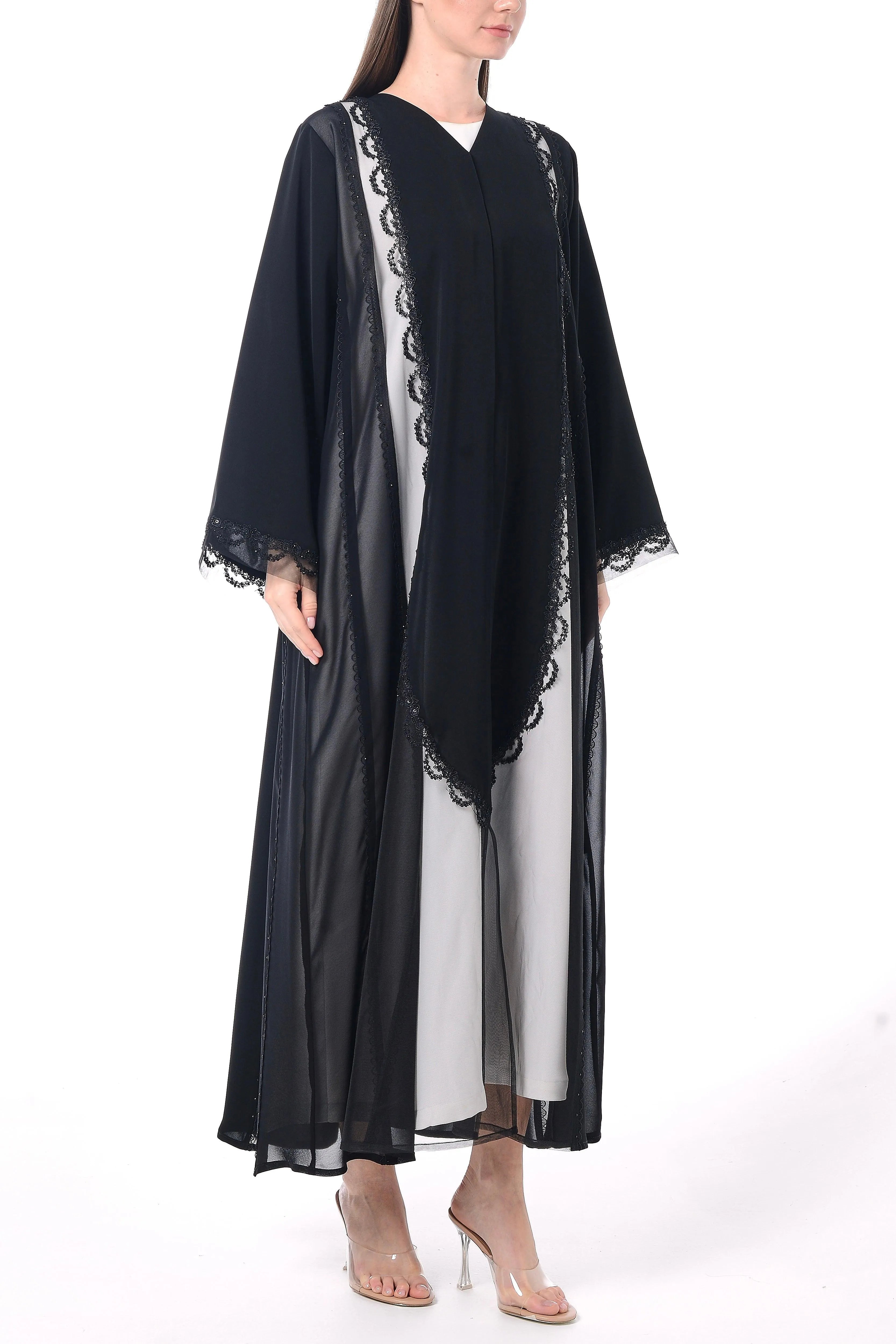 Black Royal Nada Abaya with Front Cuts Adorned by Lacework Detail - Posh Abaya