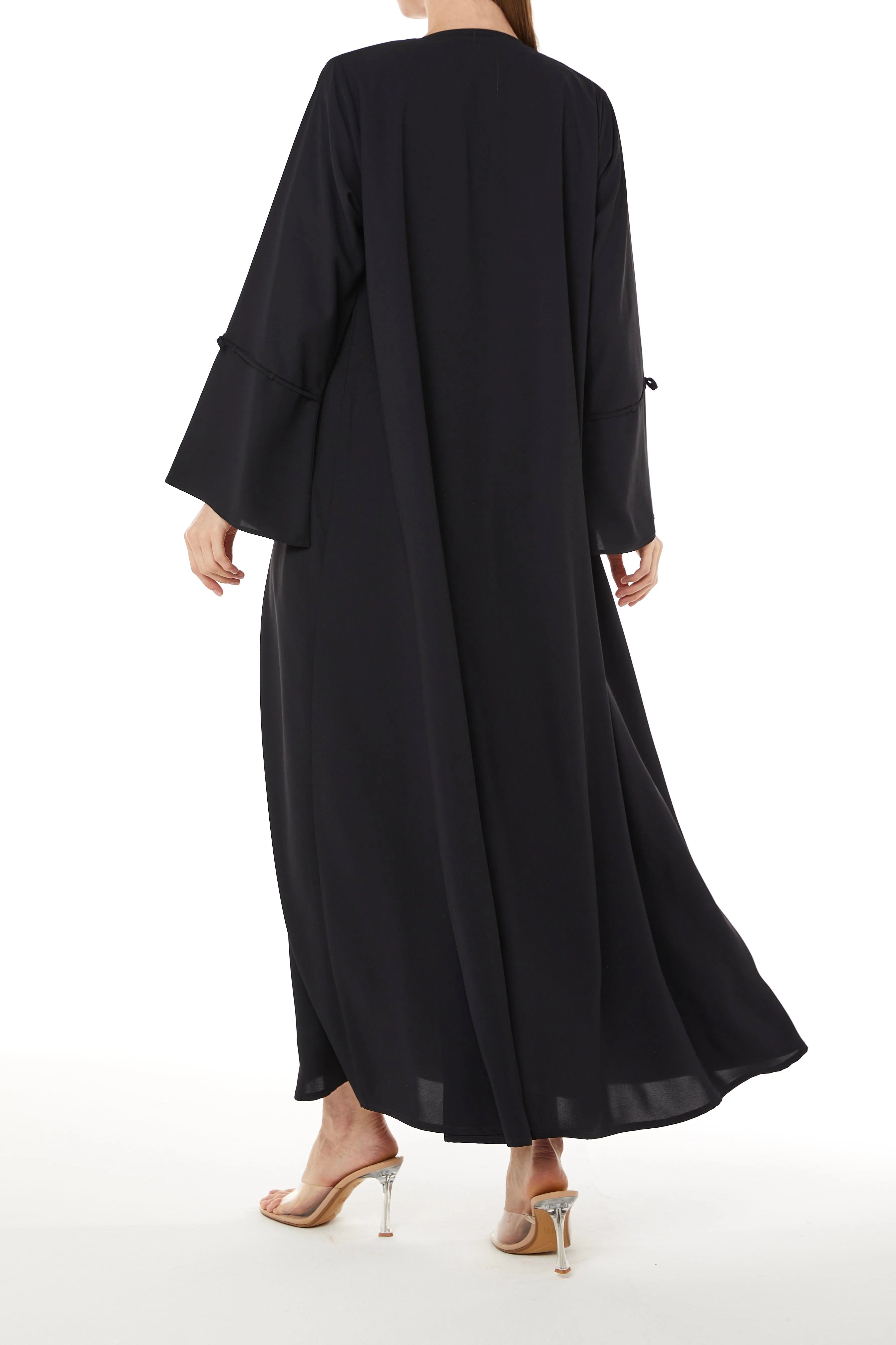 Black Cool Crepe Abaya with Miniature Bow Ties on Sleeves - Posh Abaya