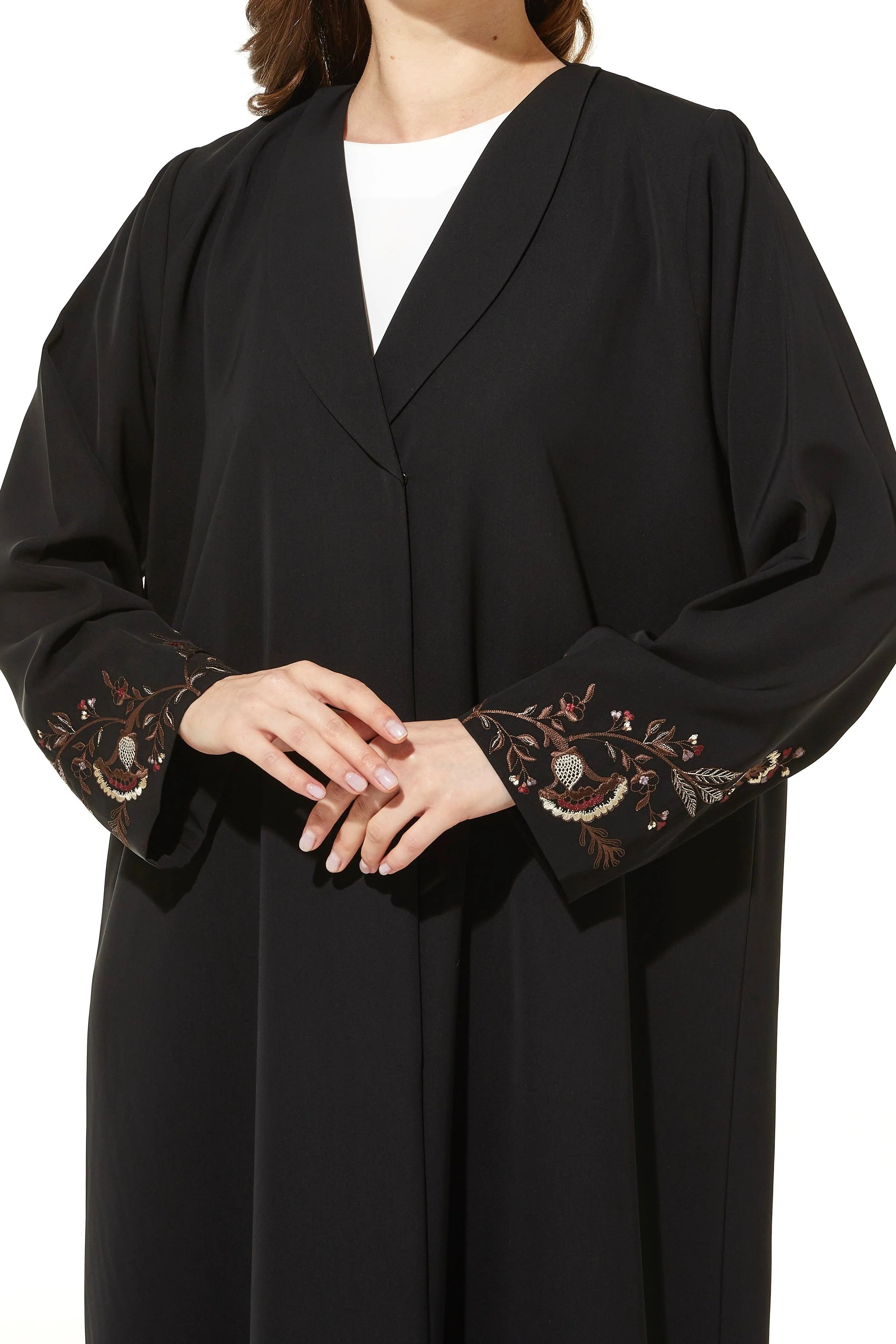 Black Iris Crepe Abaya with Sleeves Floral Embroidery - Posh Abaya