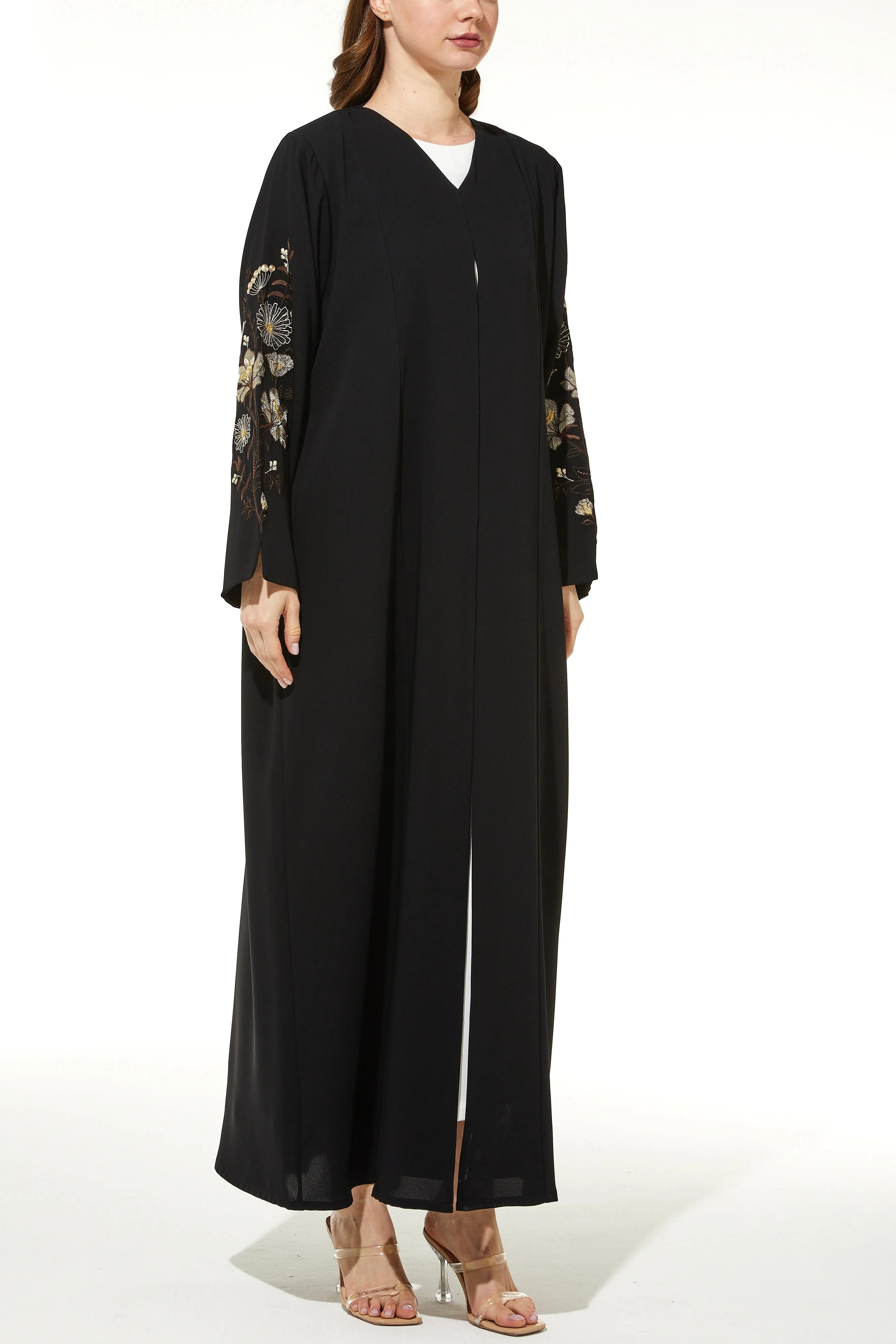 Black Layan Crepe Abaya with Sleeves Blossom Embroidery - Posh Abaya