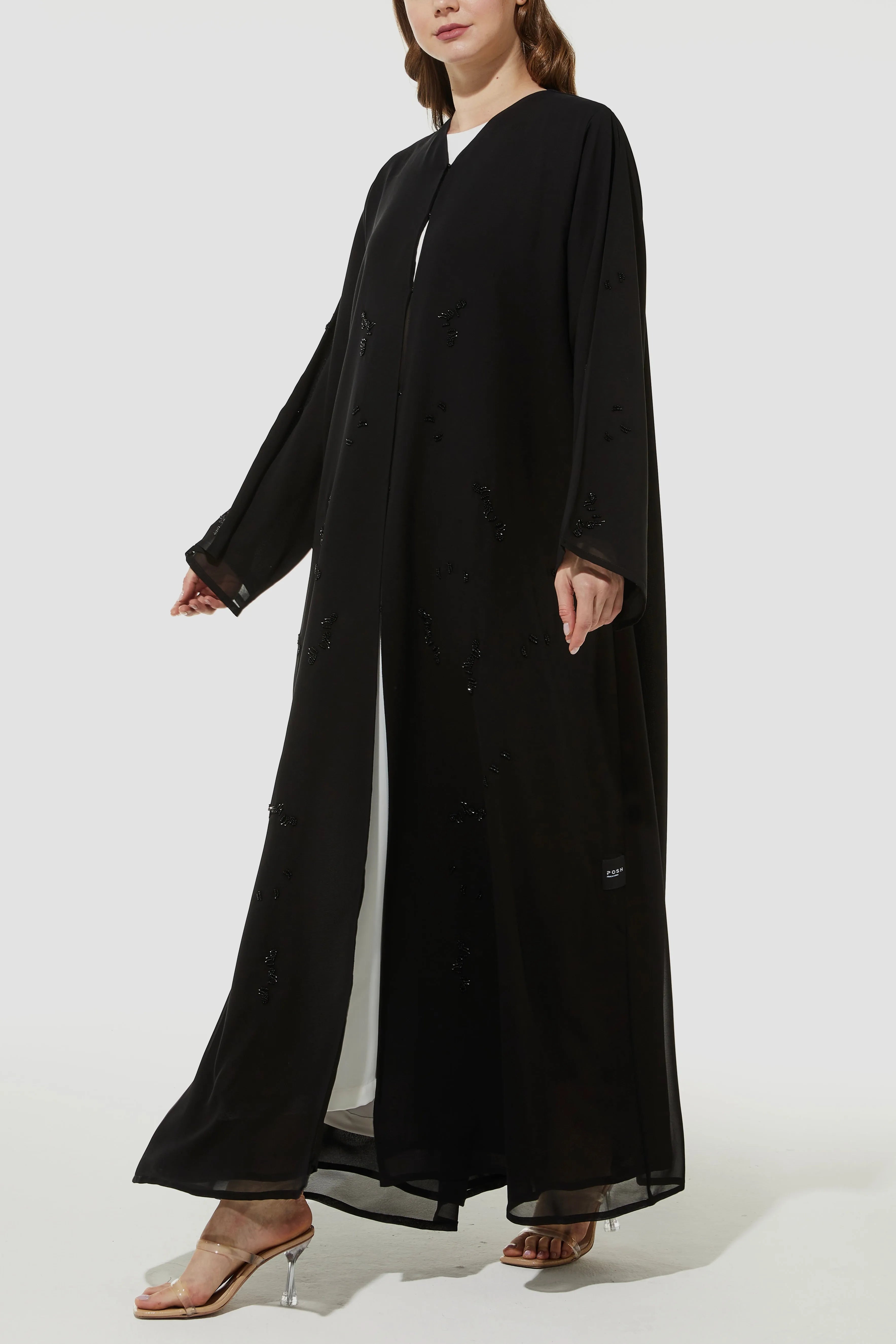 Beaded Shadow Detail Flared Chiffon Black Abaya - Posh Abaya