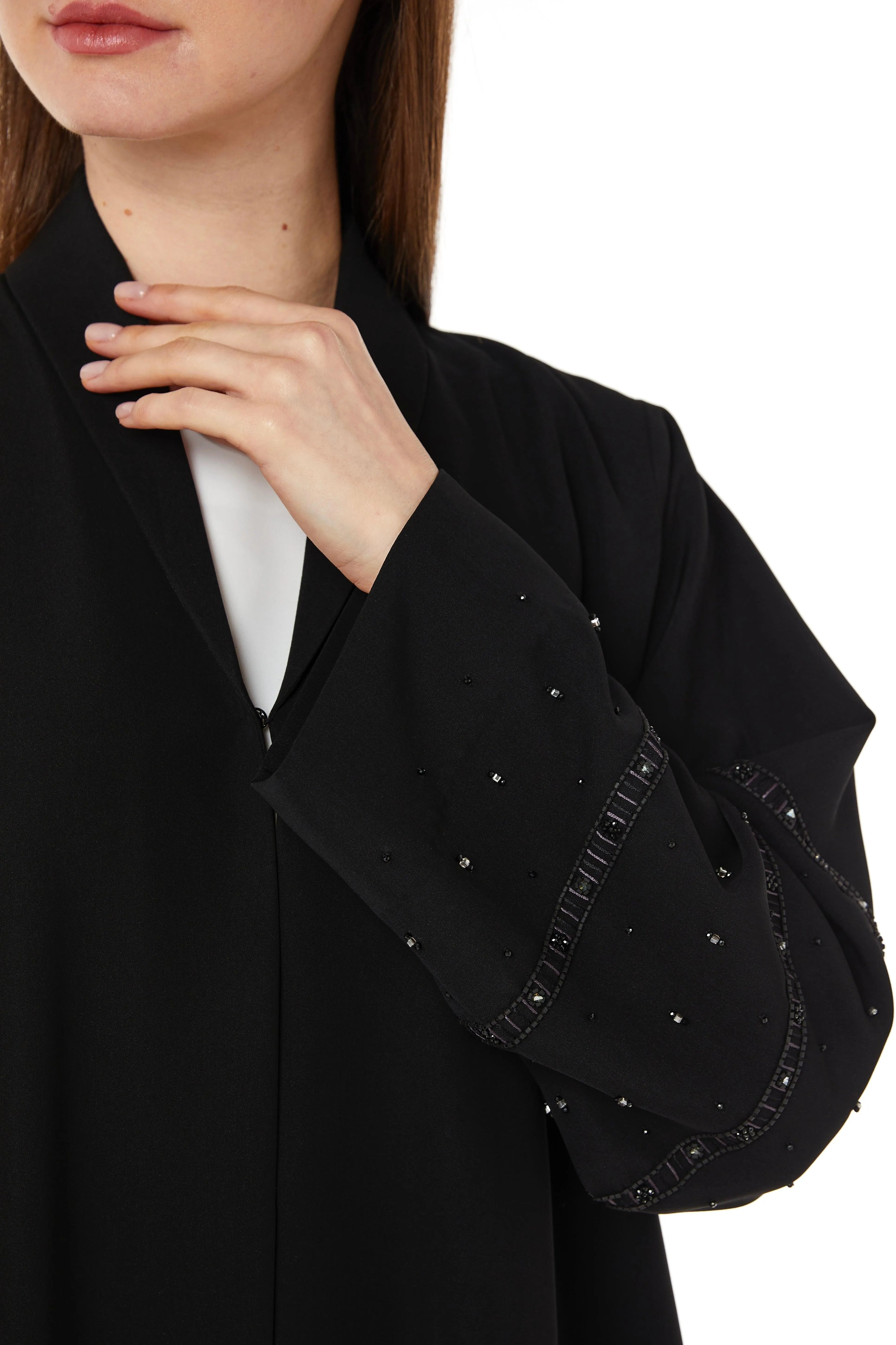 Black Tokyo Crepe Abaya with Collar and Beadwork on Sleeves - Posh Abaya