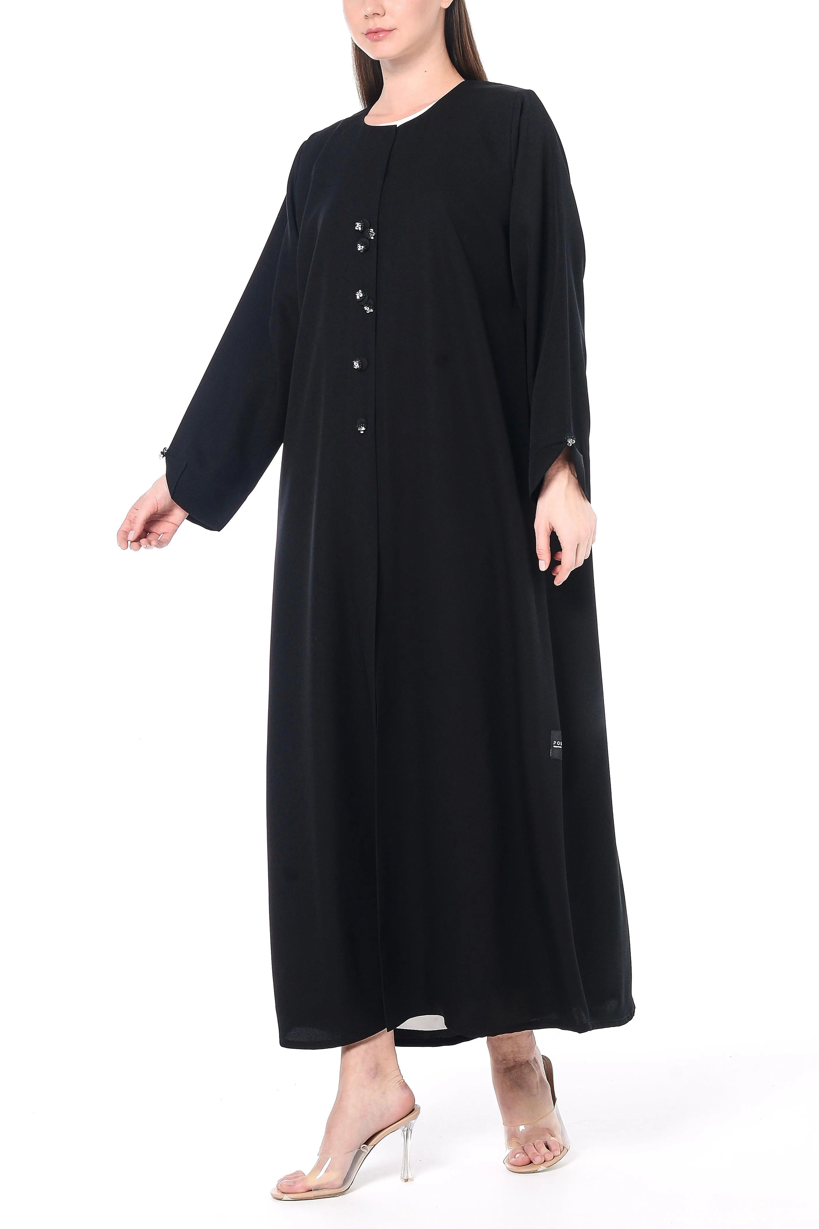 Black Emarati Crepe Abaya with Beaded Fabric Buttons - Posh Abaya