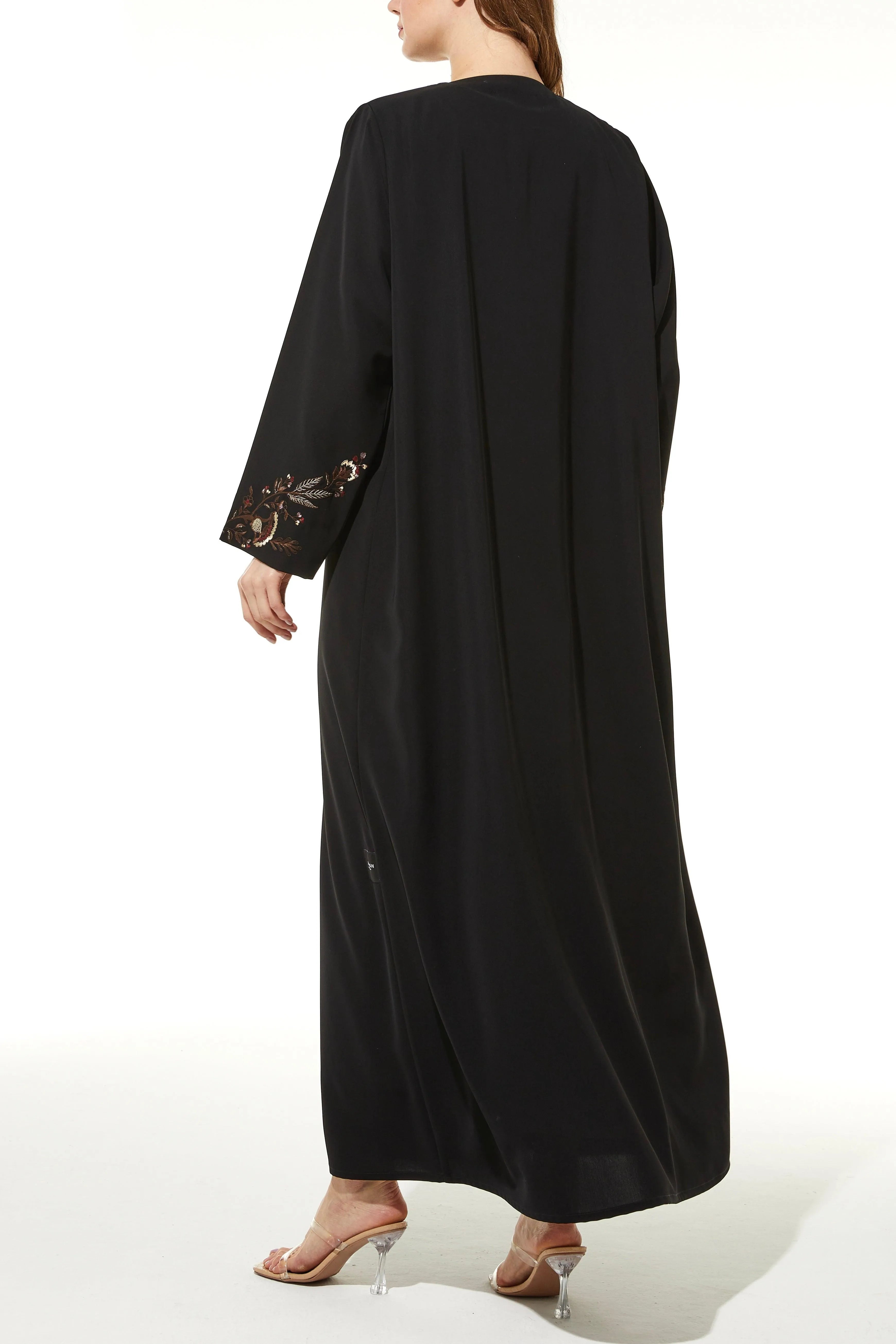 Black Iris Crepe Abaya with Sleeves Floral Embroidery - Posh Abaya