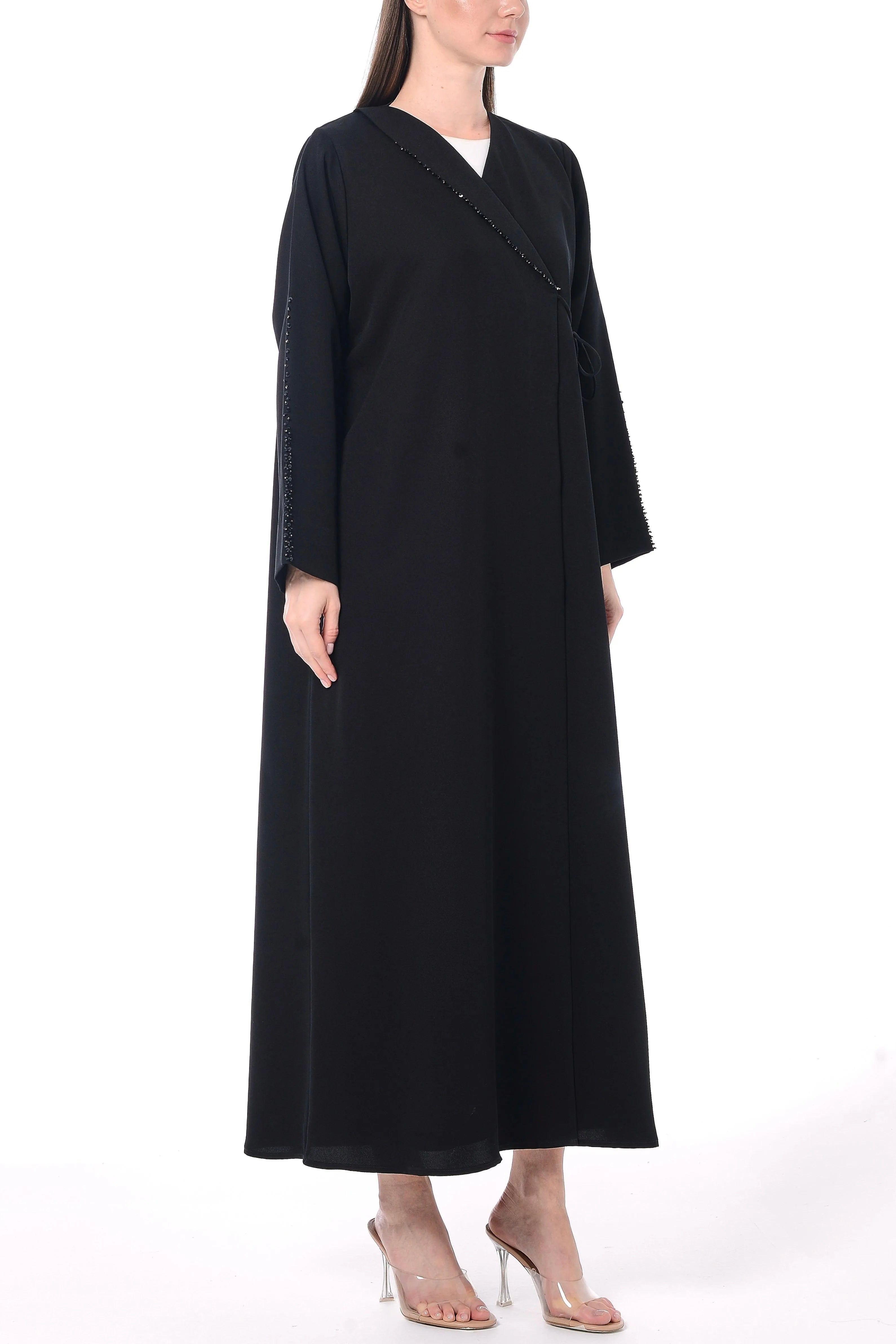 Black Emarati Crepe Abaya with Front Overlap and Beadwork Details - Posh Abaya