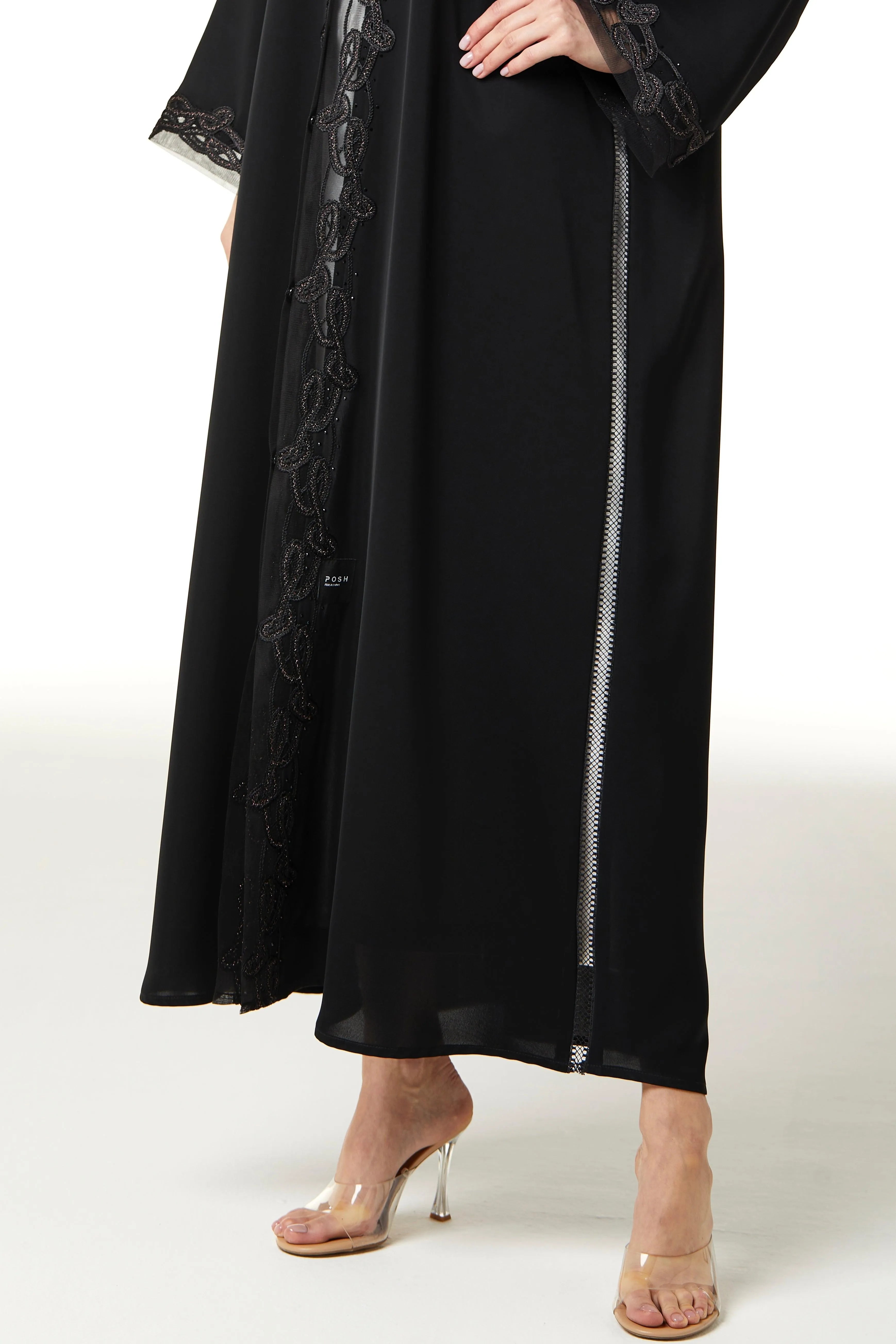 Black Royal Nada Abaya with Tulle and Copper Lacework Detail - Posh Abaya