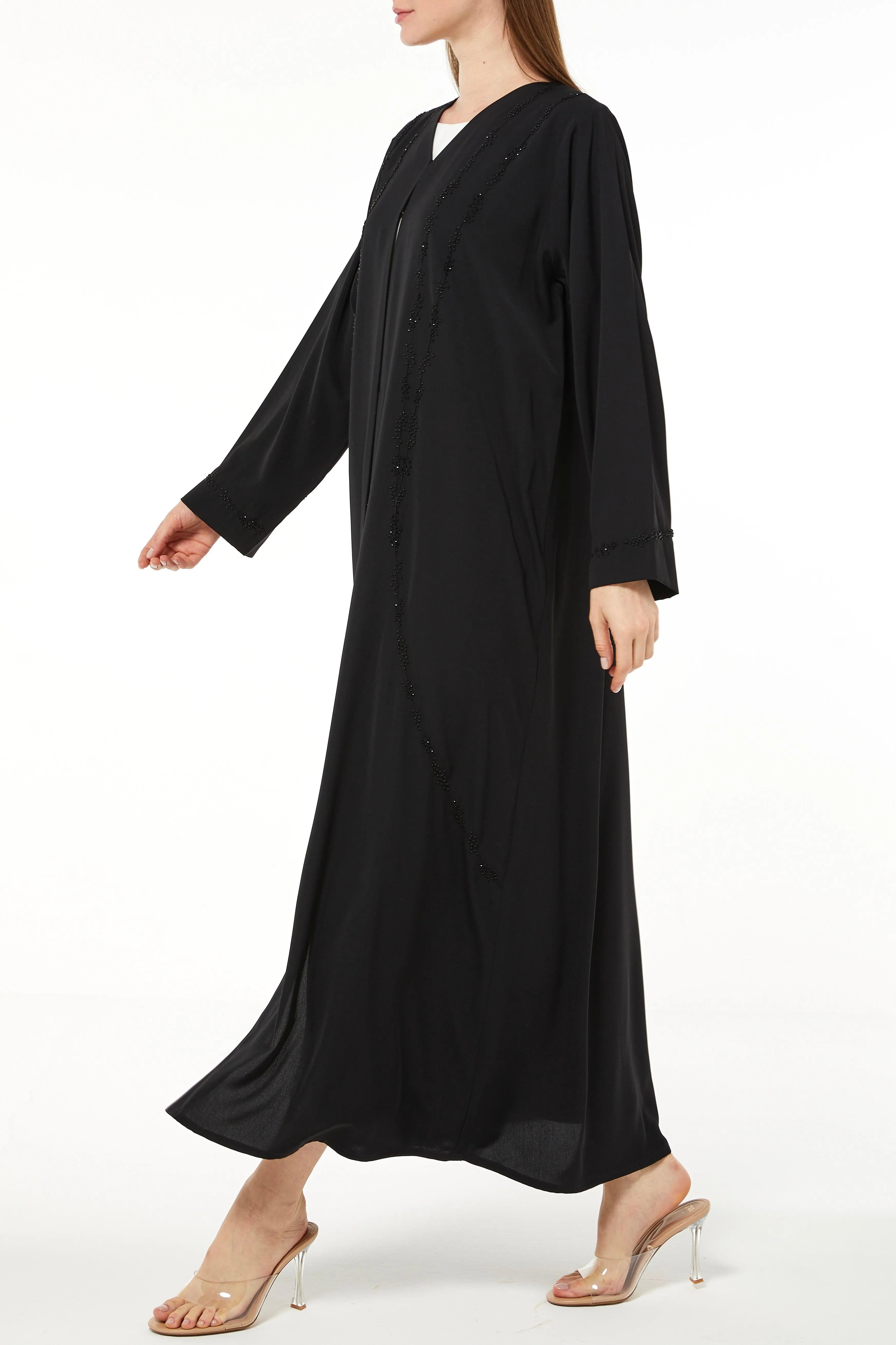 Black Tiana Crepe Abaya with Front Art Lines Beadwork - Posh Abaya