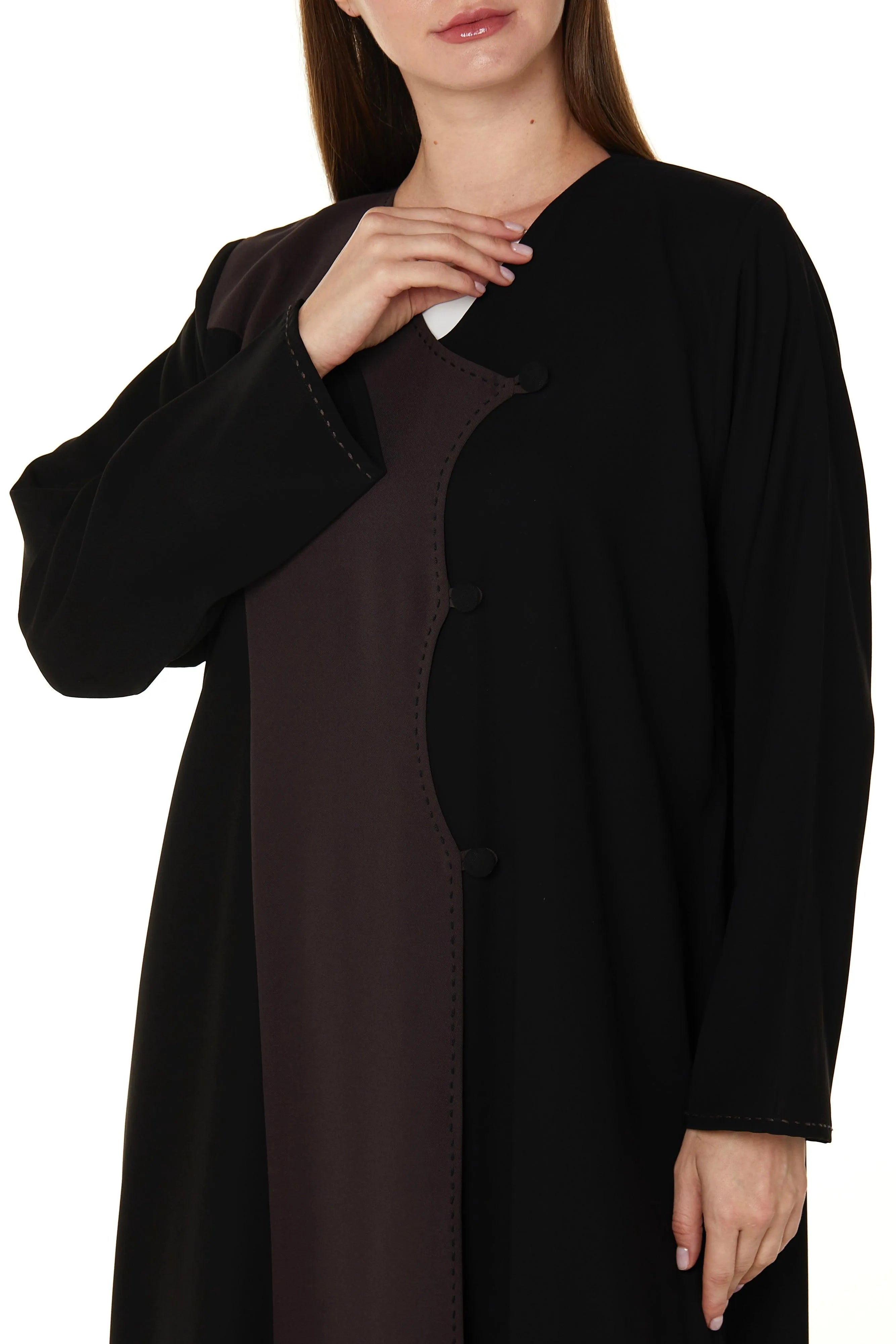 Black Nova Crepe Overlap Abaya with Colored Panel and Highlight Stitch Detail - Posh Abaya
