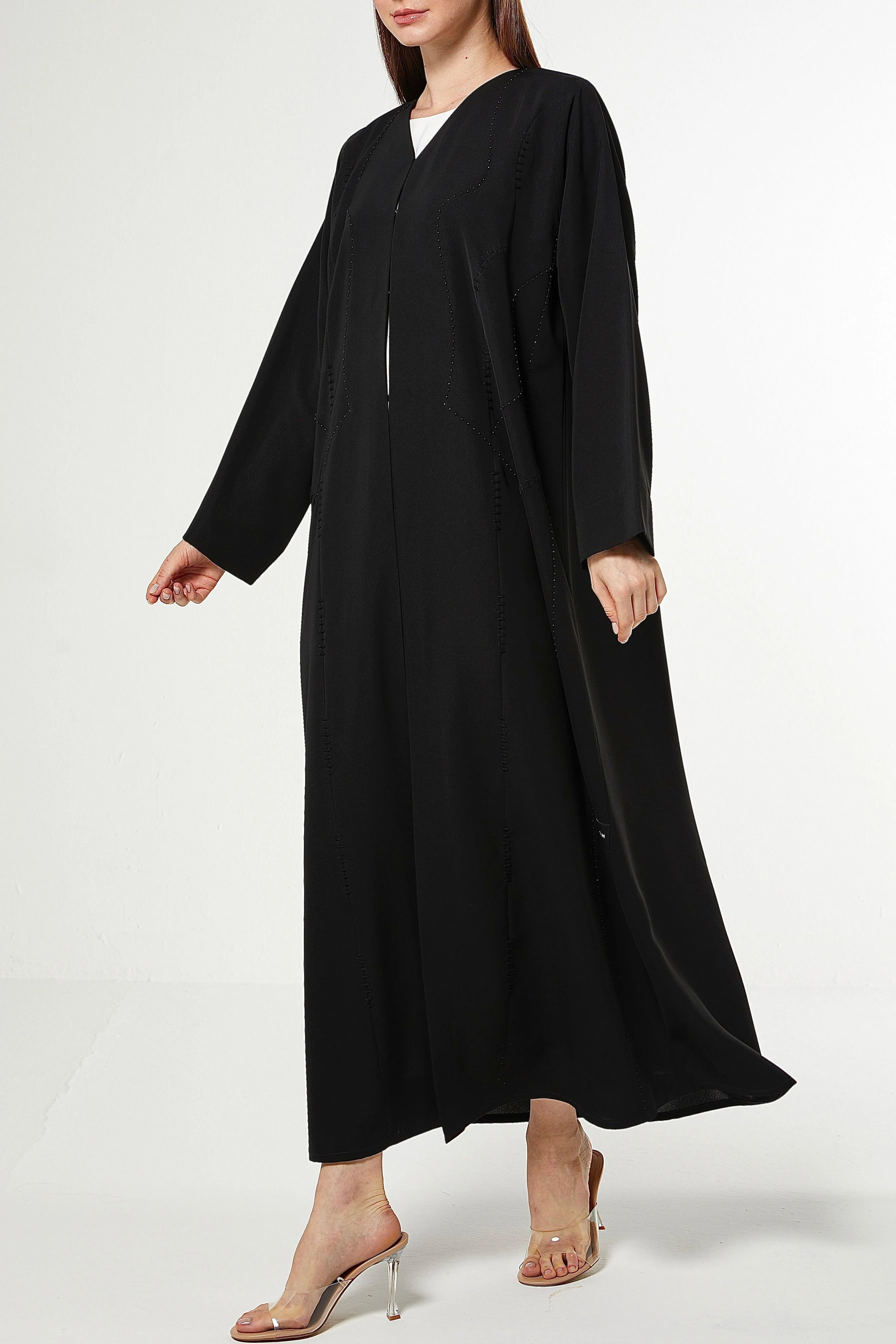 Black Tokyo Crepe Abaya with Front Threadwork - Posh Abaya