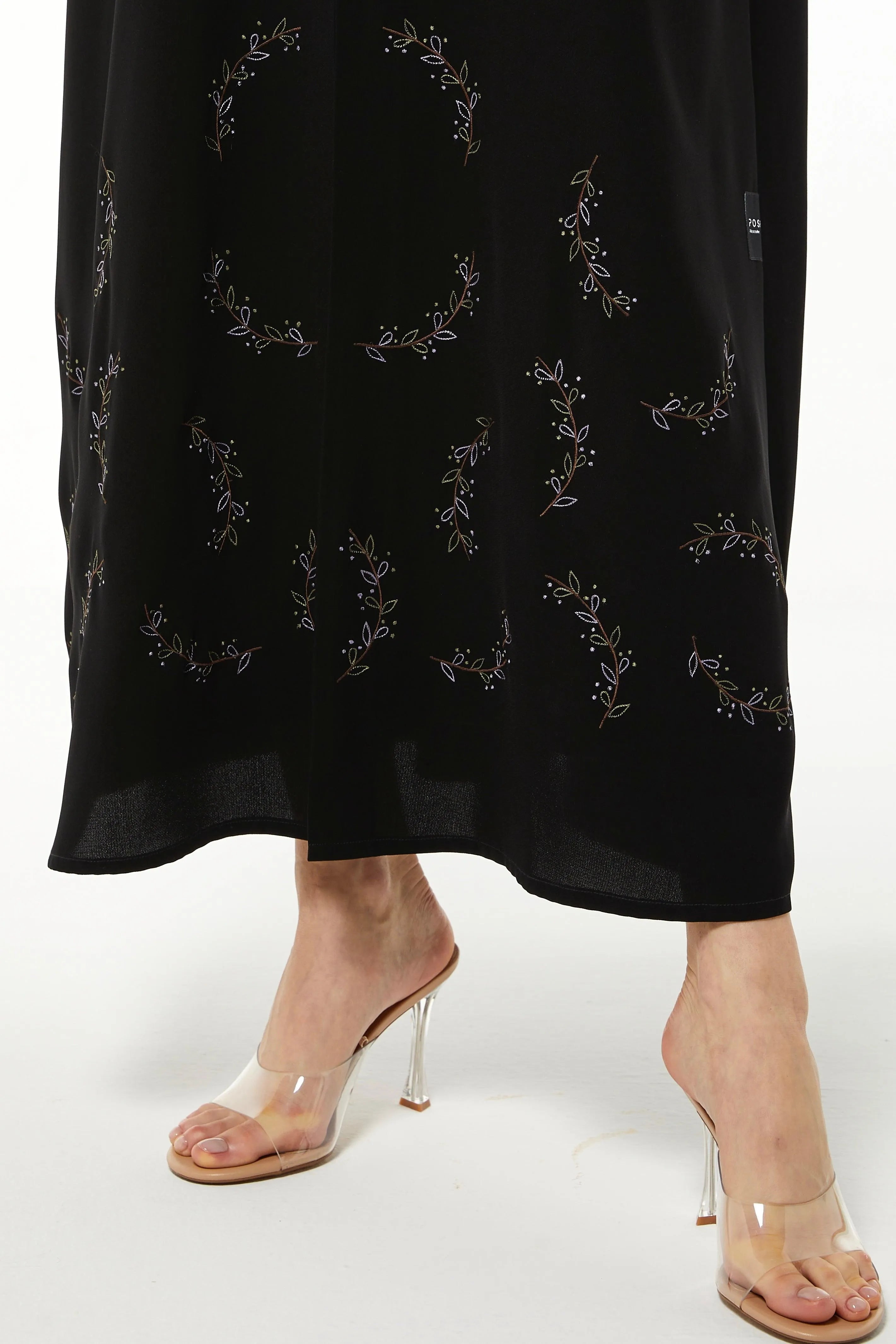 Black Eloise Crepe Abaya with Vibrant Floral Embroidery - Posh Abaya