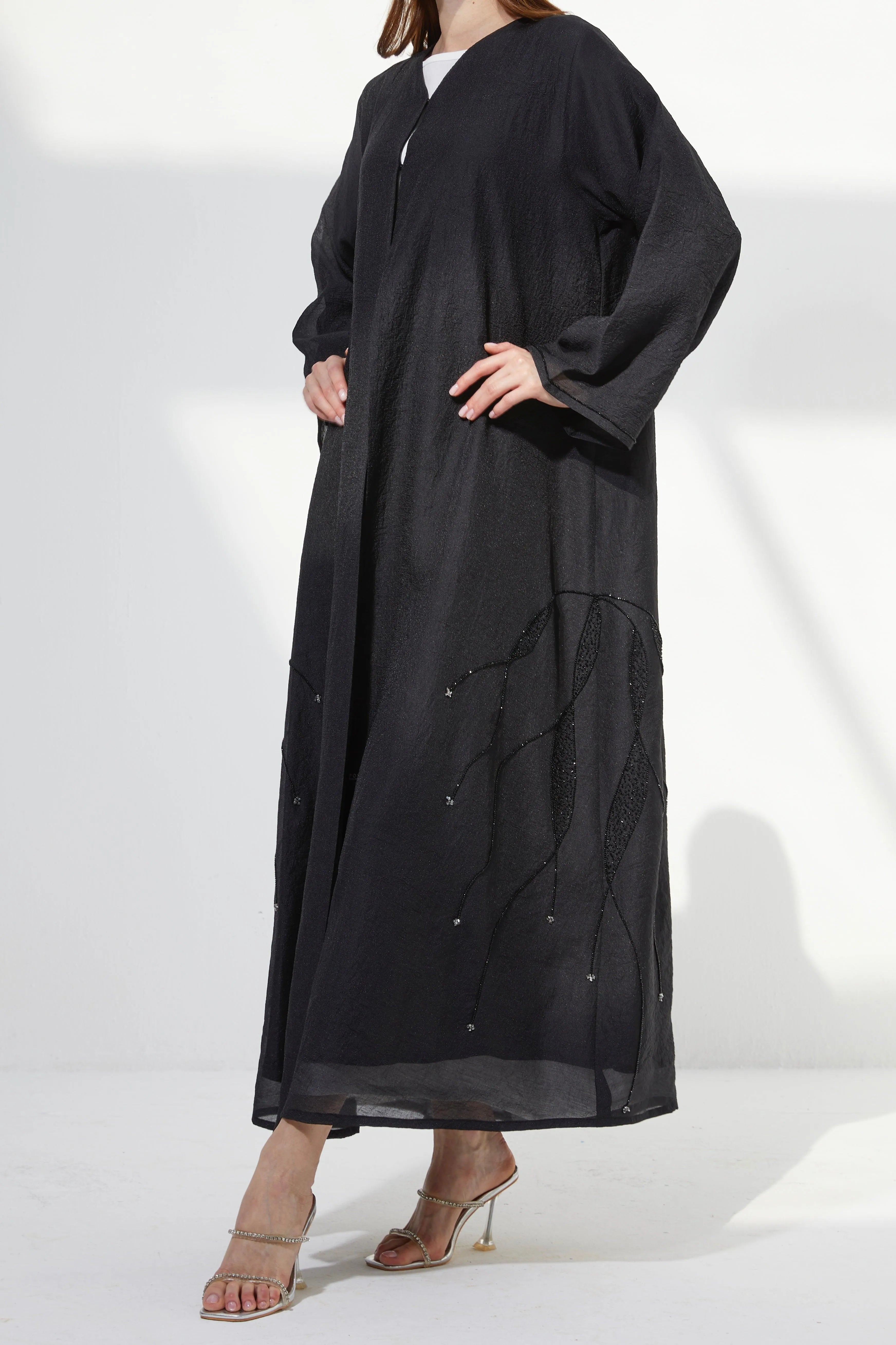 Black Organza Custom Abaya with Side Abstract Black & Silver Beadwork - Posh Abaya