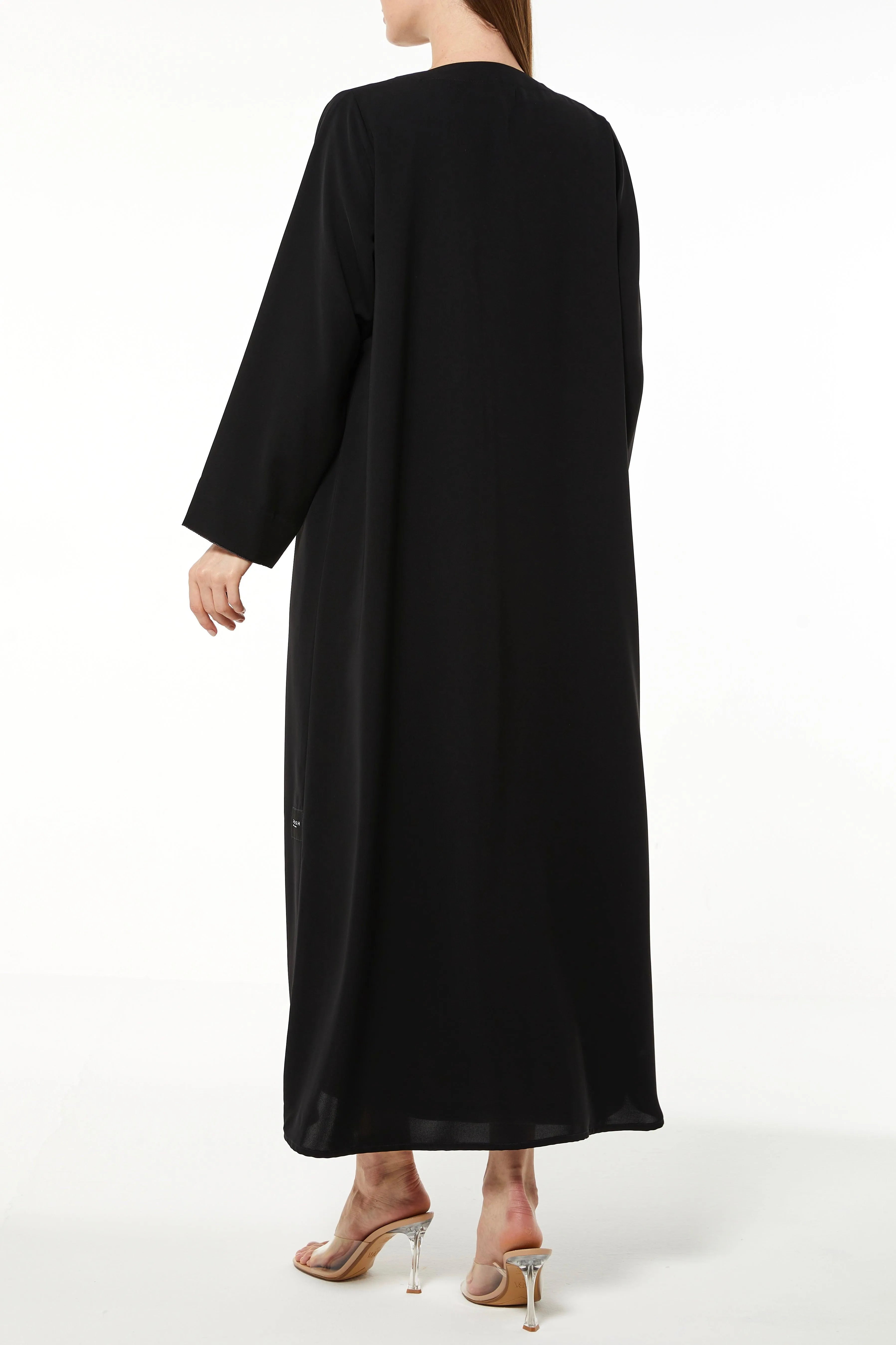 Black Aria Crepe Abaya with Asymmetric Threadwork - Posh Abaya