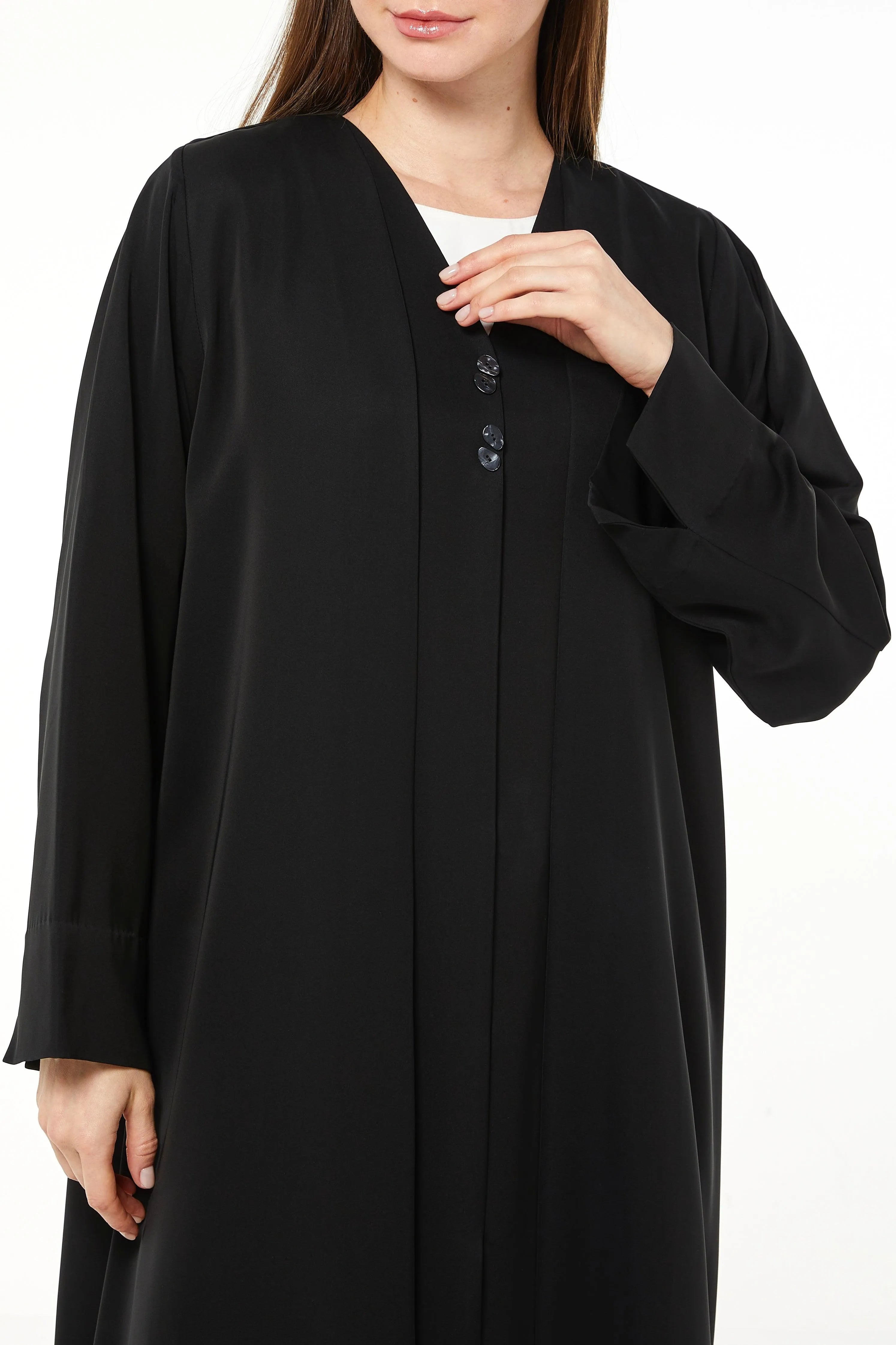 Black Mario Crepe Abaya with Front Overlap and Buttons - Posh Abaya