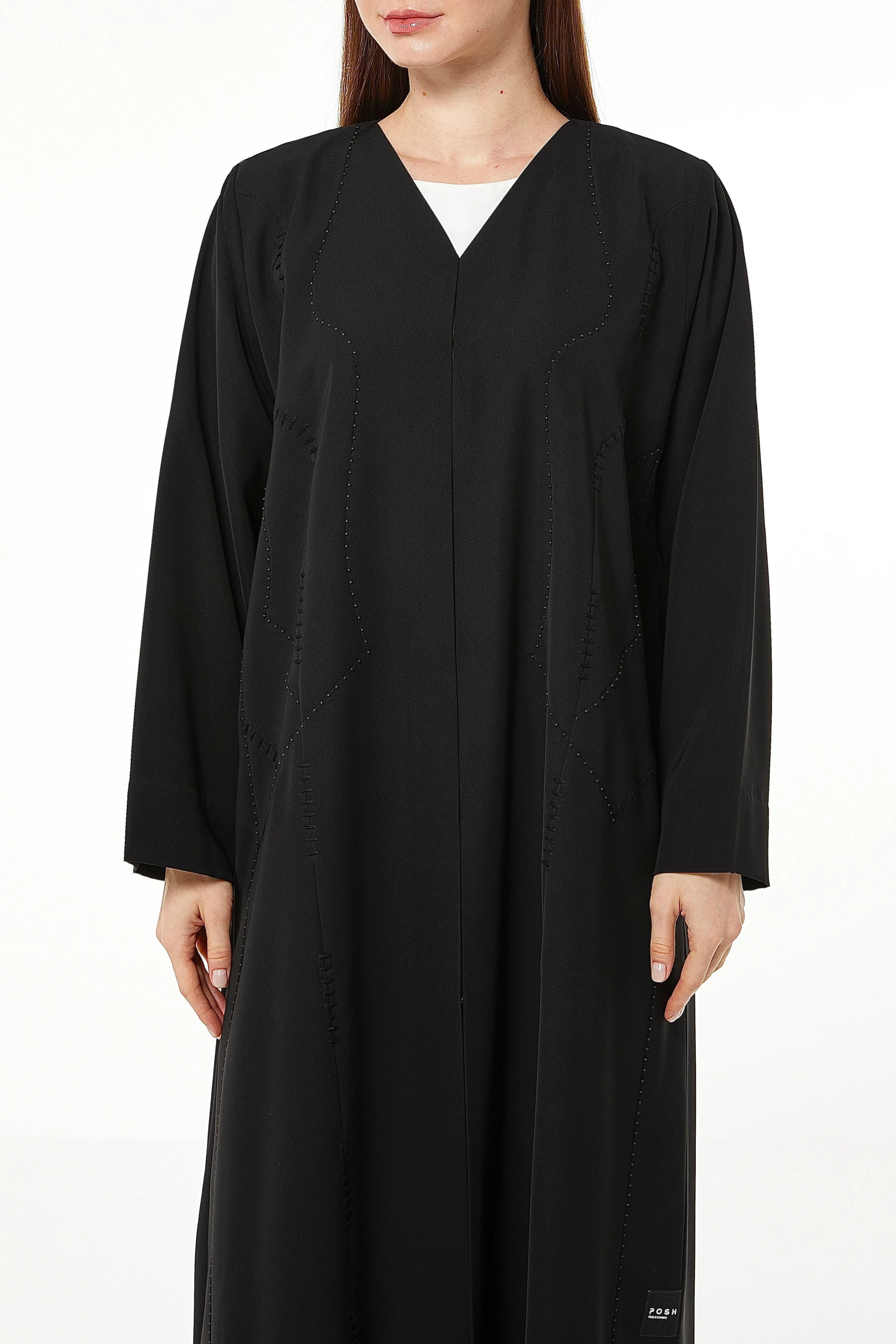 Black Tokyo Crepe Abaya with Front Threadwork - Posh Abaya