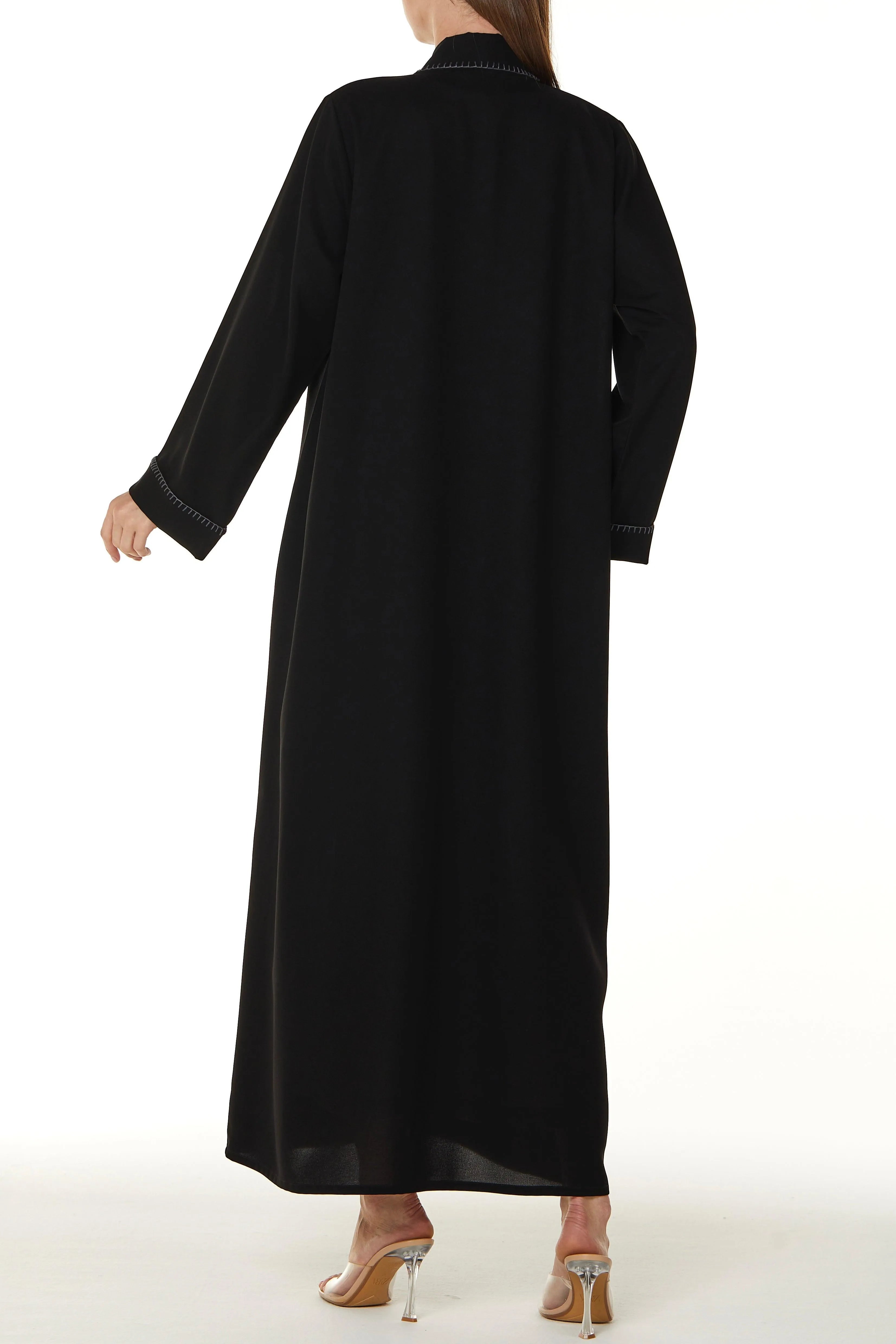 Black Nova Crepe Abaya with Front Stitch Collar - Posh Abaya