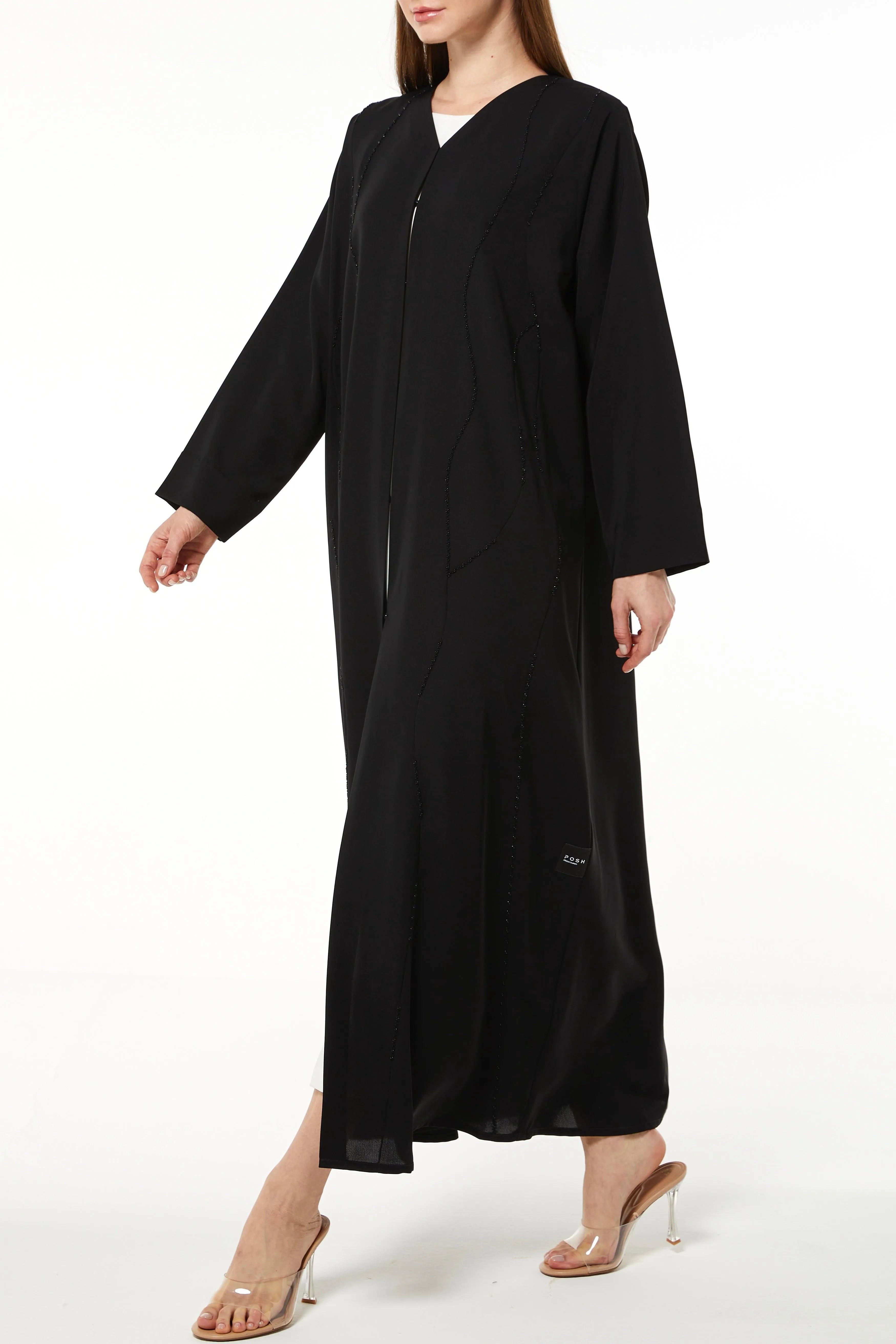 Black Tokyo Crepe Abaya with Front Threadwork and Beads - Posh Abaya