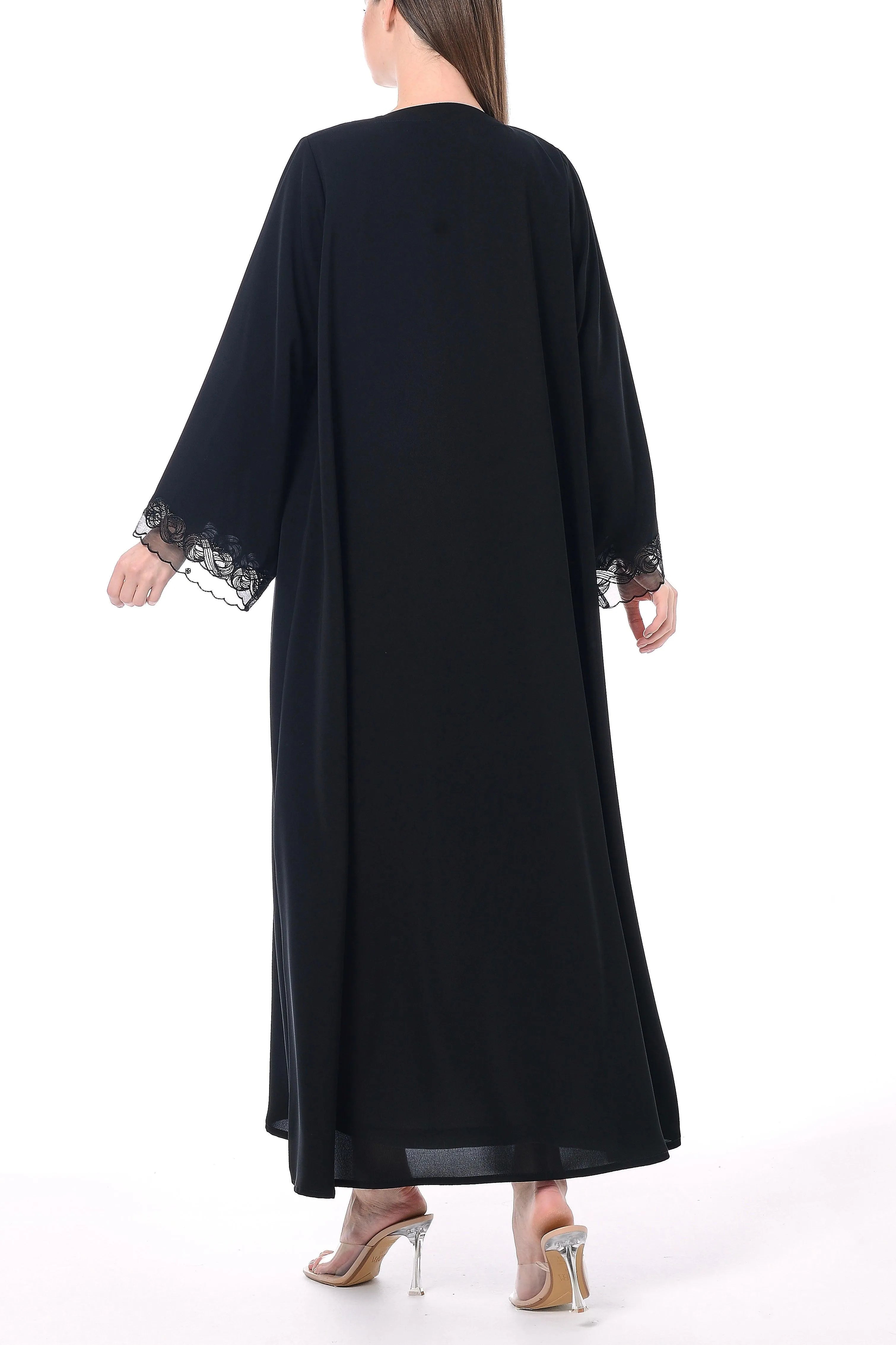Black Royal Nada Abaya with Tulle and Front Lacework Detail - Posh Abaya