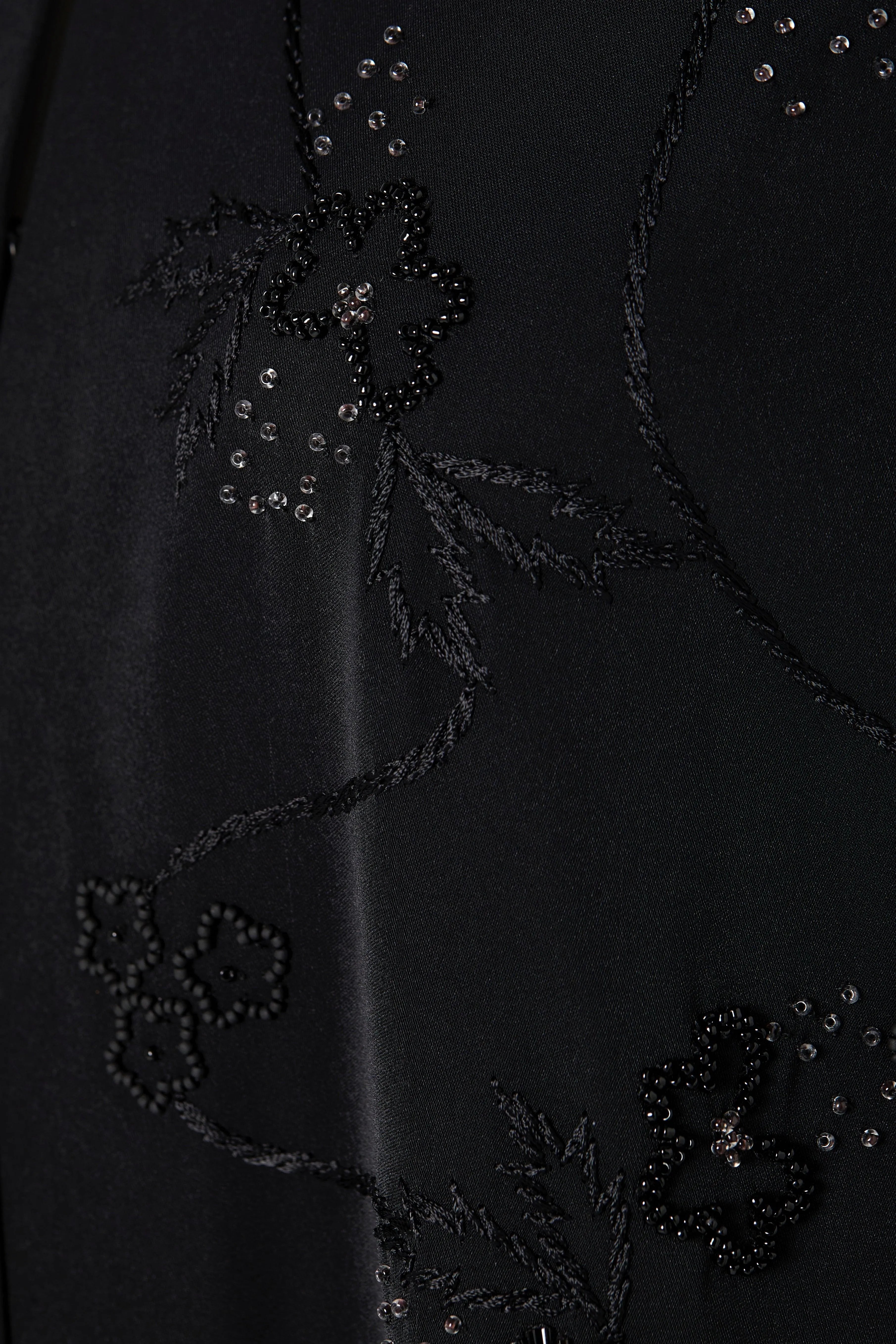 Black Rose Crepe Abaya with Front Atrful Threadwork - Posh Abaya