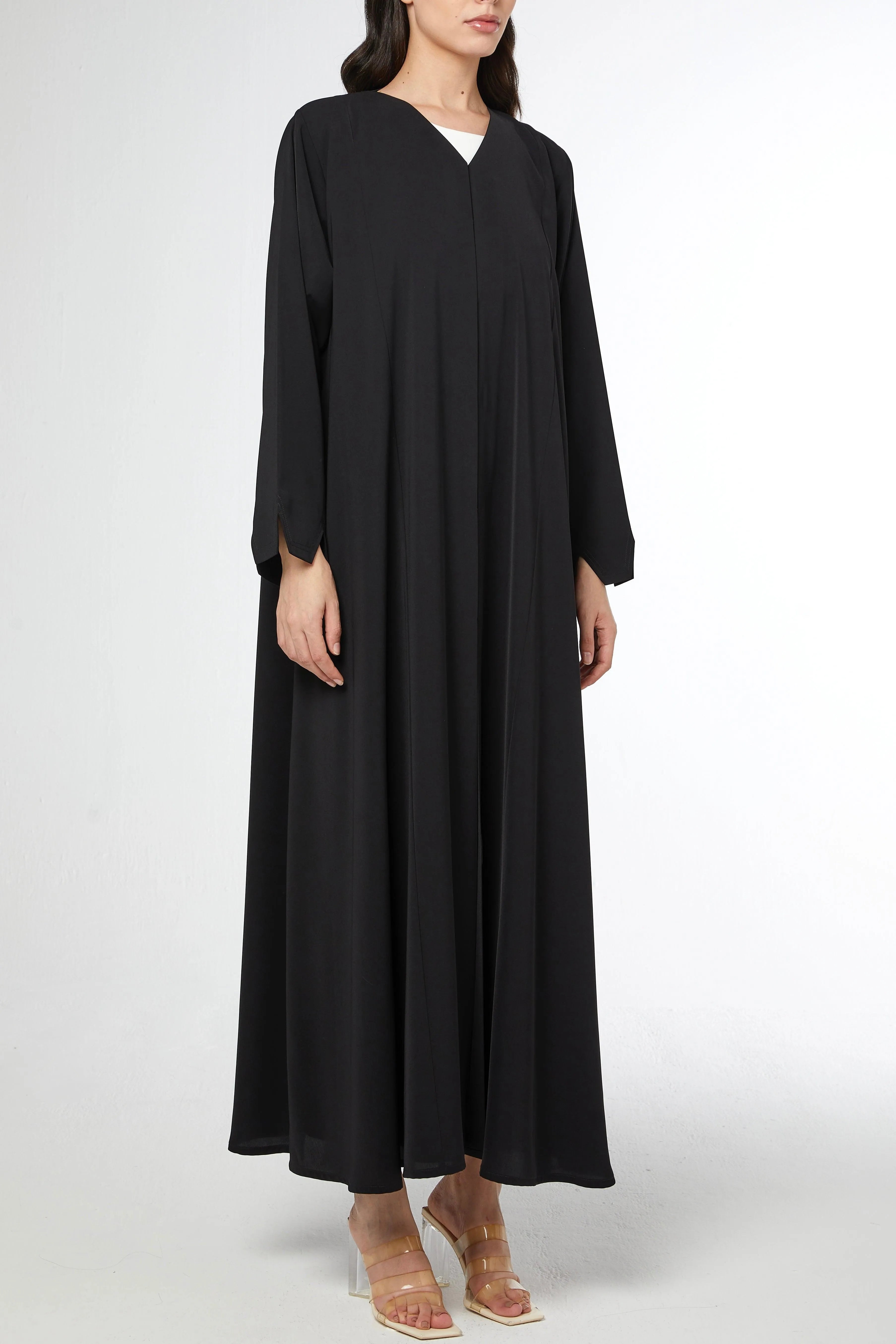 Black Tiana Crepe Abaya with Front and Sleeve Cuts - Posh Abaya