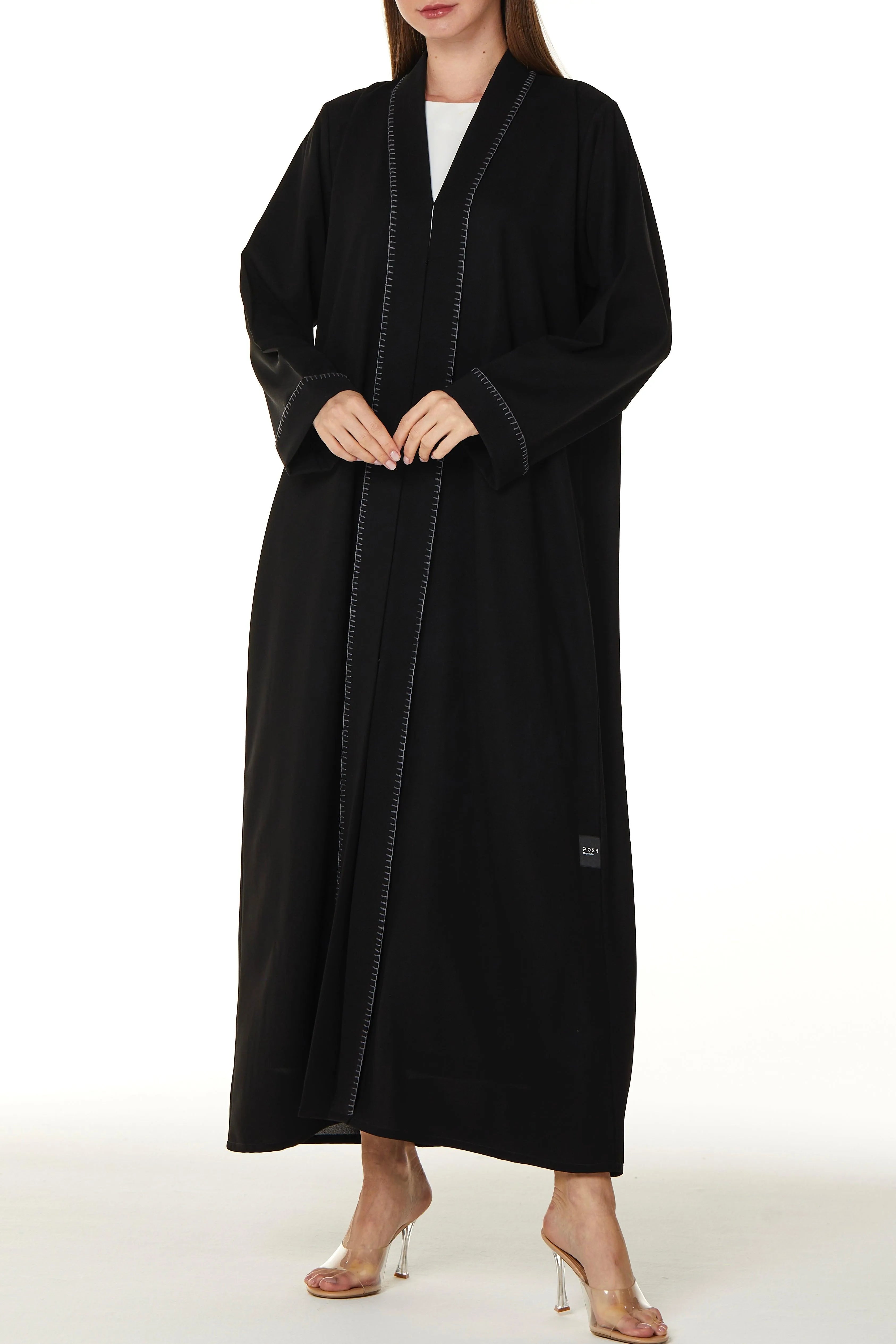 Black Nova Crepe Abaya with Front Stitch Collar - Posh Abaya