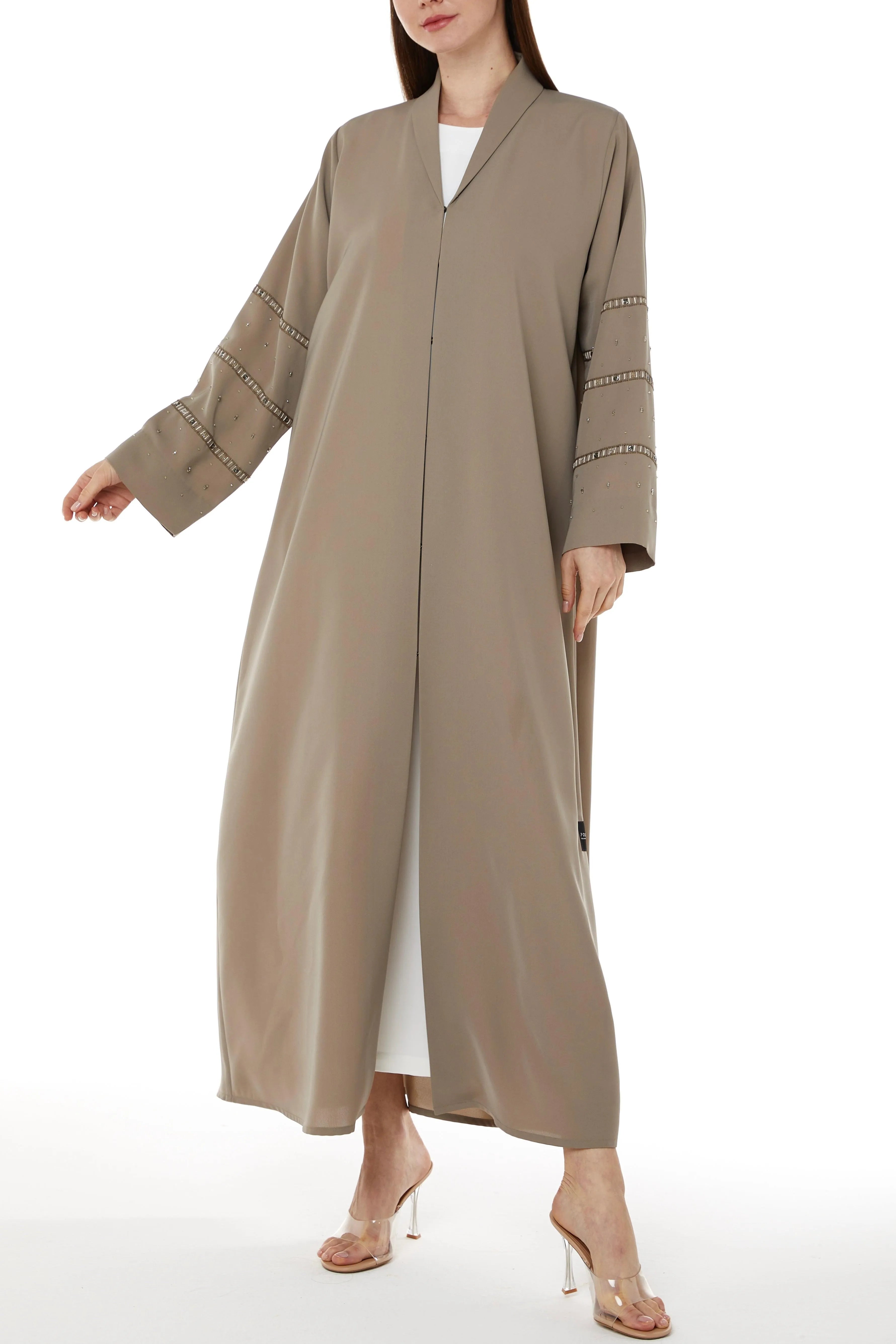 Beige Tokyo Crepe Abaya with Collar and Beadwork on Sleeves - Posh Abaya