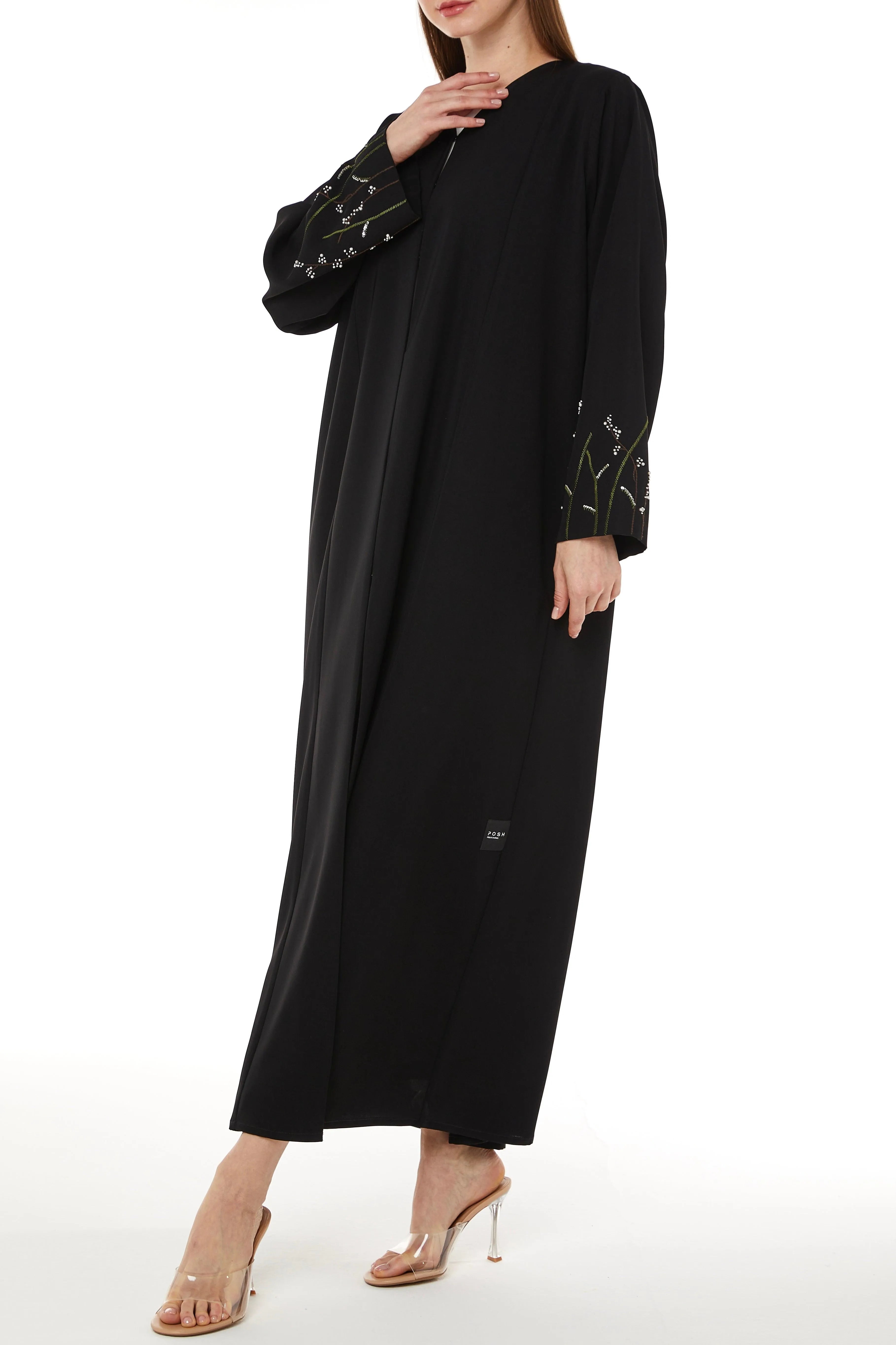 Black Tokyo Crepe Abaya with Sleeves Embelishments - Posh Abaya