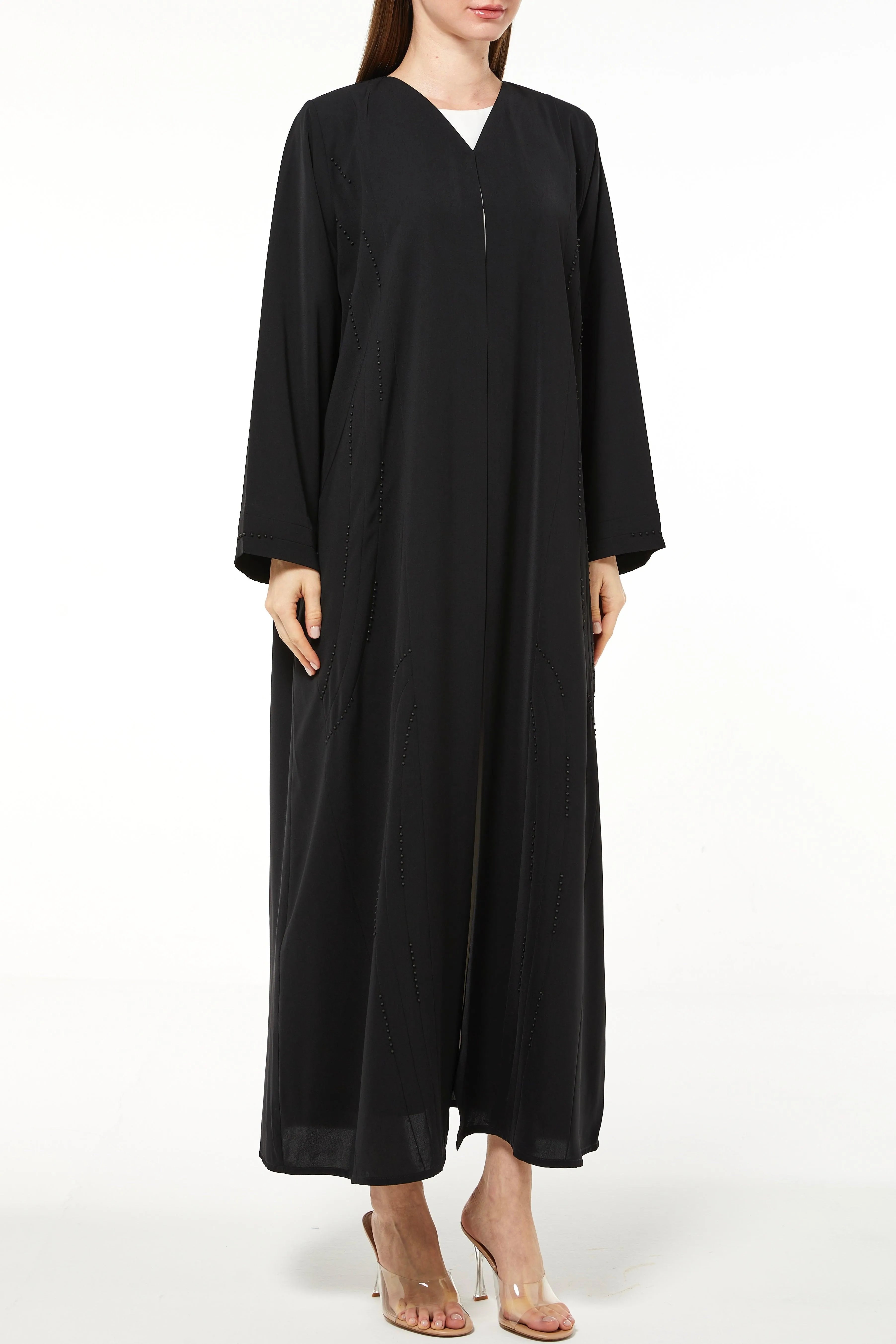 Black Tiana Crepe Abaya with Front Beaded Pintuck - Posh Abaya