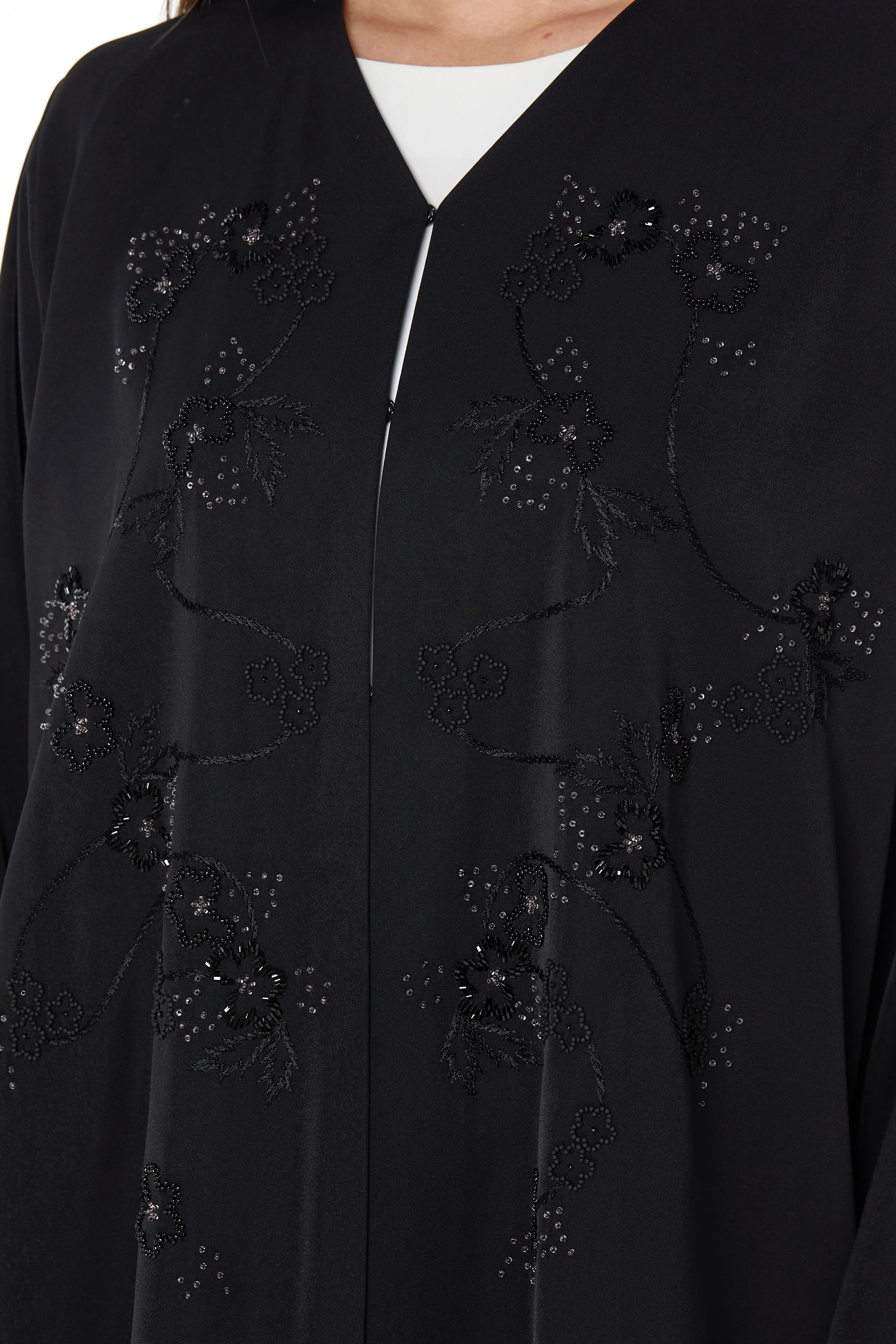 Black Rose Crepe Abaya with Front Atrful Threadwork - Posh Abaya