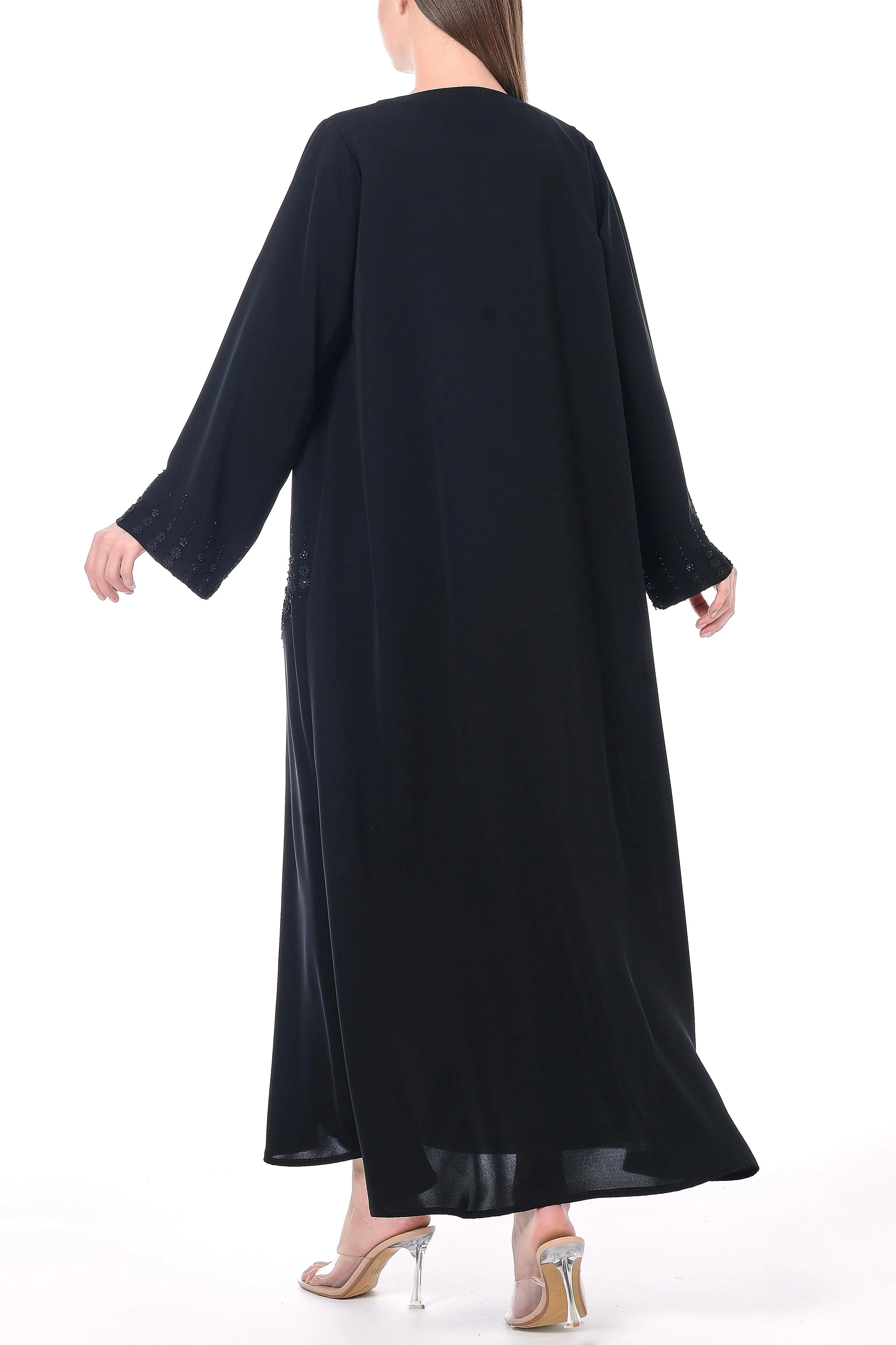 Black Royal Nada Abaya with Front Cut Adorned by Applique Flowers and Beadwork Detail - Posh Abaya