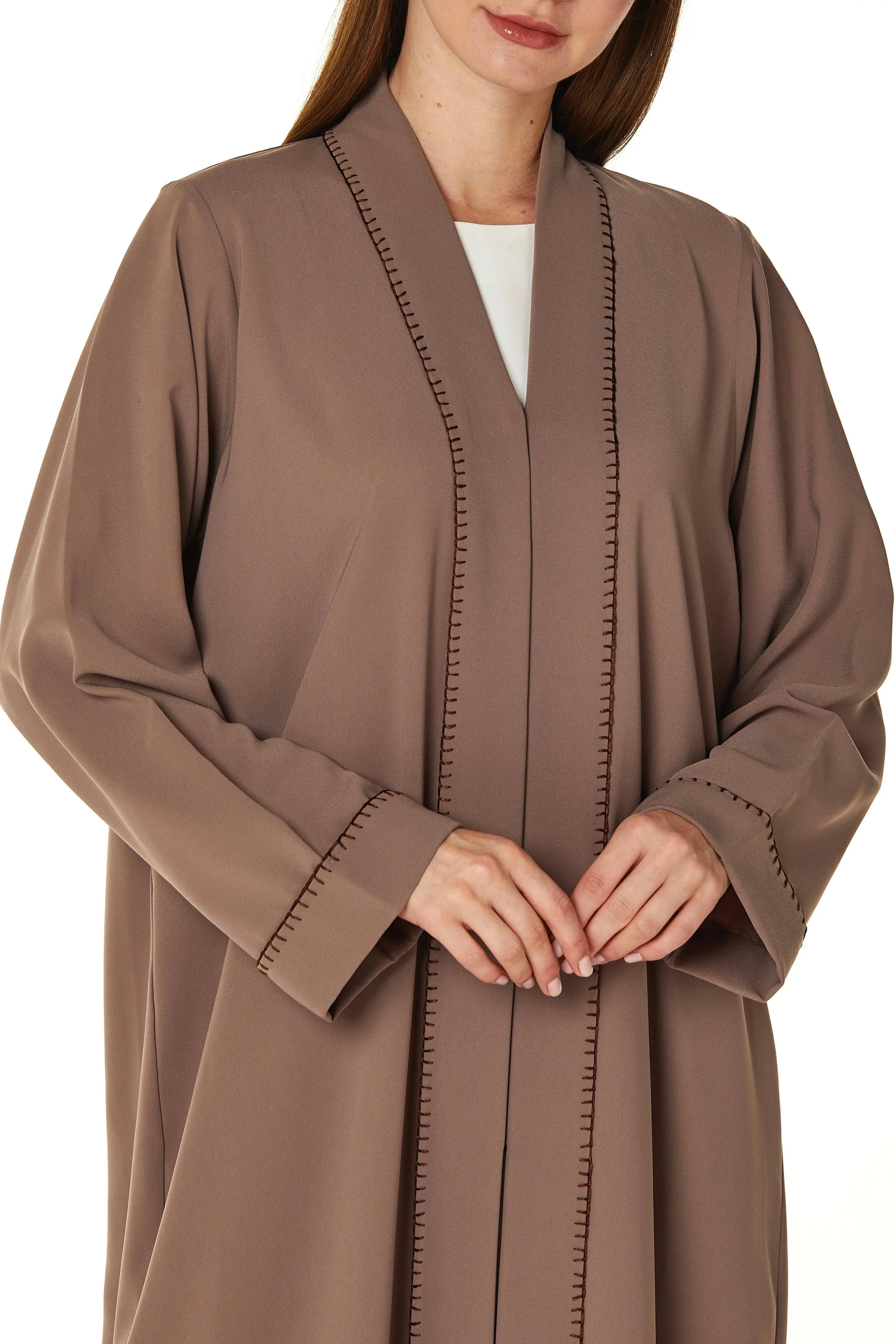 Brown Nova Crepe Abaya with Front Stitch Collar - Posh Abaya