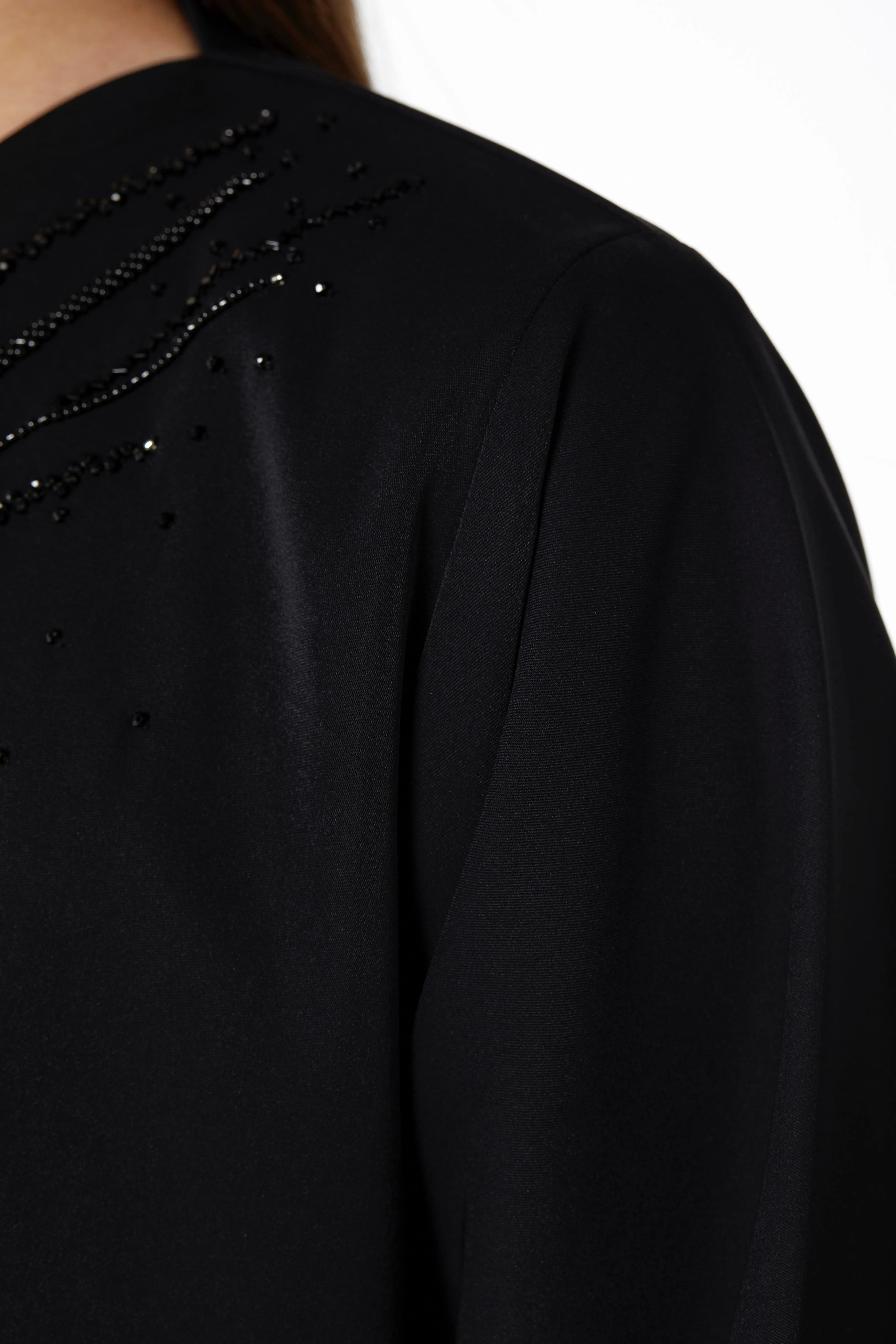 Black Crepe Ready Triangle Abaya with Front Scattered Beadwork - Posh Abaya