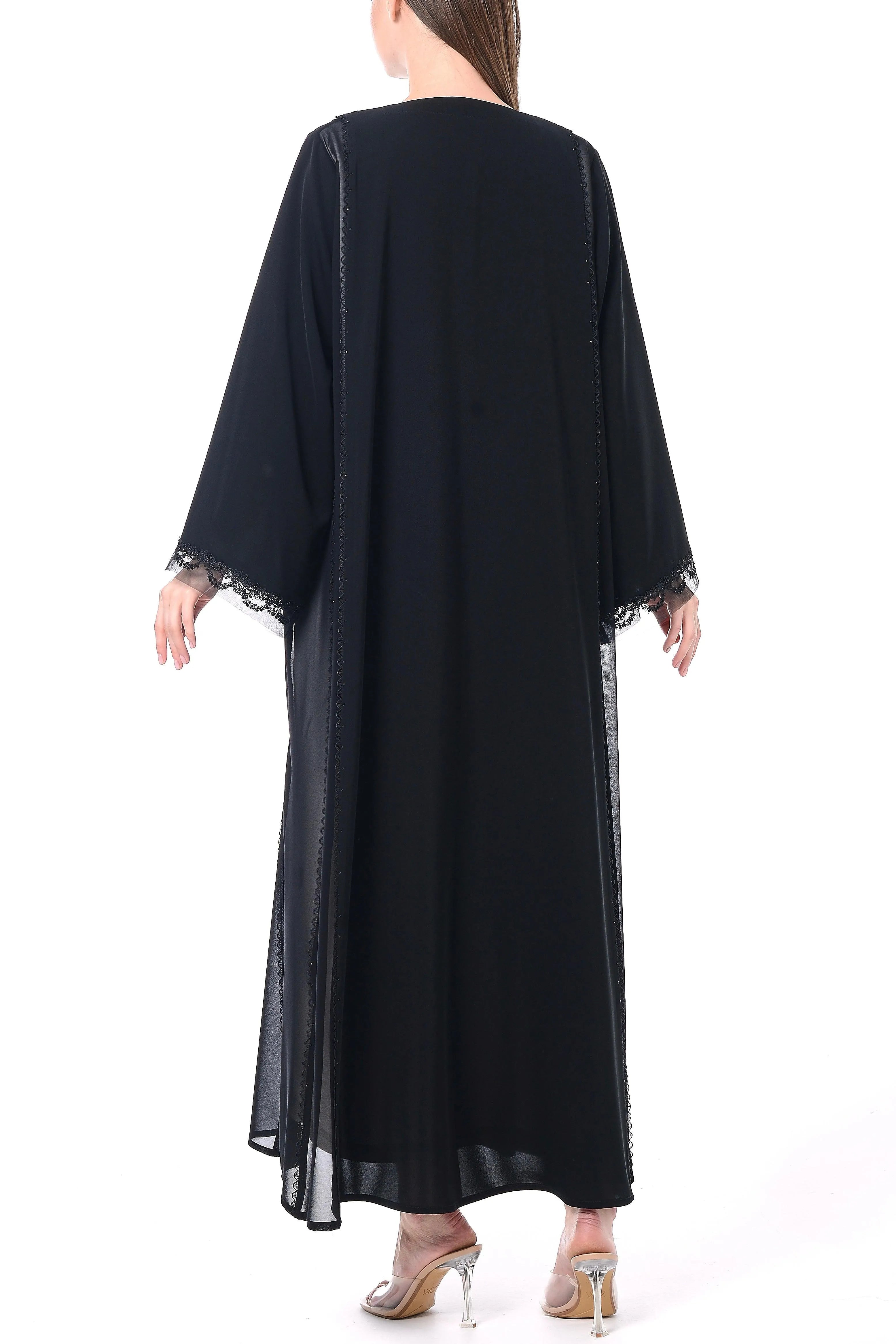 Black Royal Nada Abaya with Front Cuts Adorned by Lacework Detail - Posh Abaya